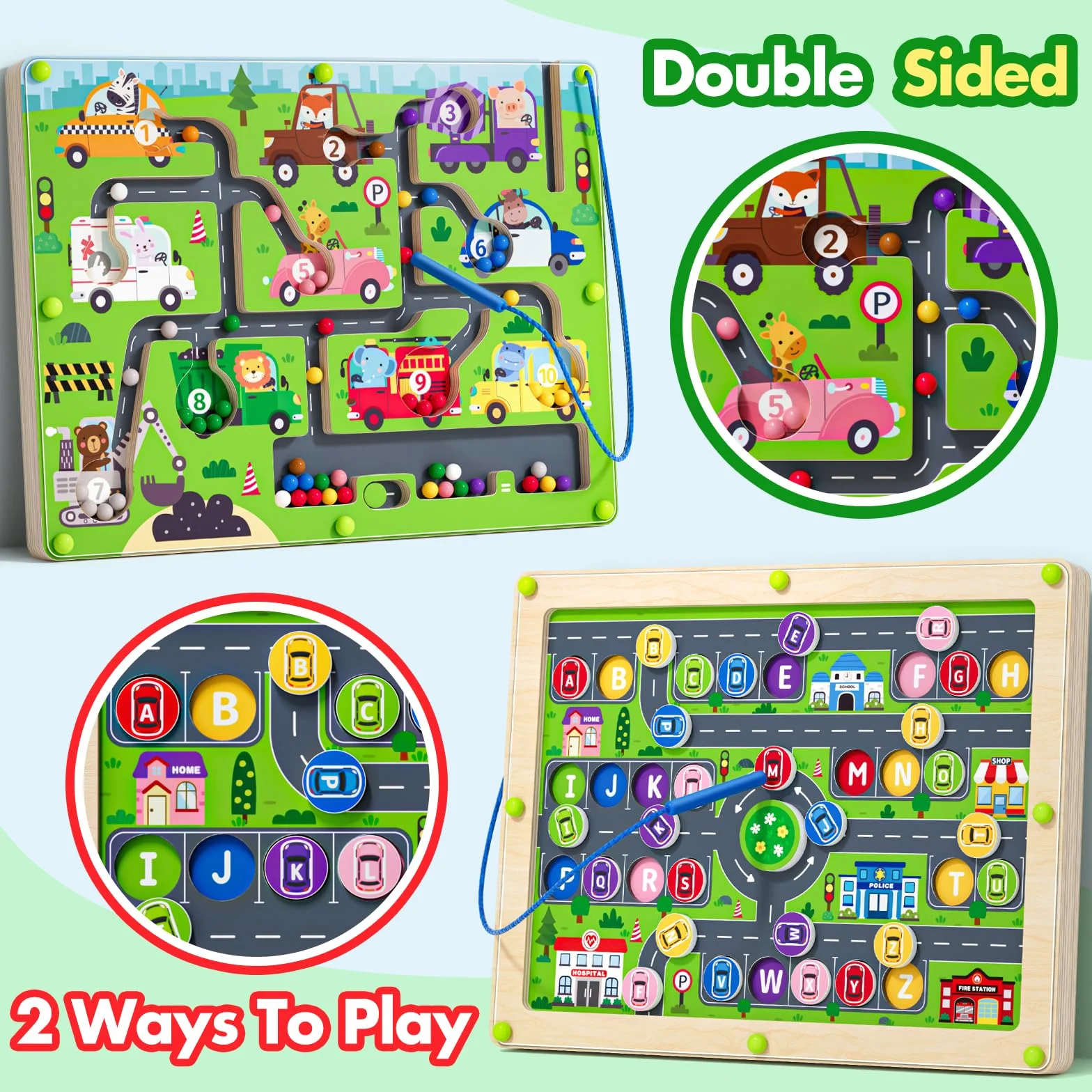 Puzzle magnetico 2 in 1 con numeri auto, labirinto magnetico, alfabeto, puzzle in legno, giocattolo prescolare, regalo per ragazzi e ragazze dai 3 ai 5 anni (autopirinto, taglia unica)