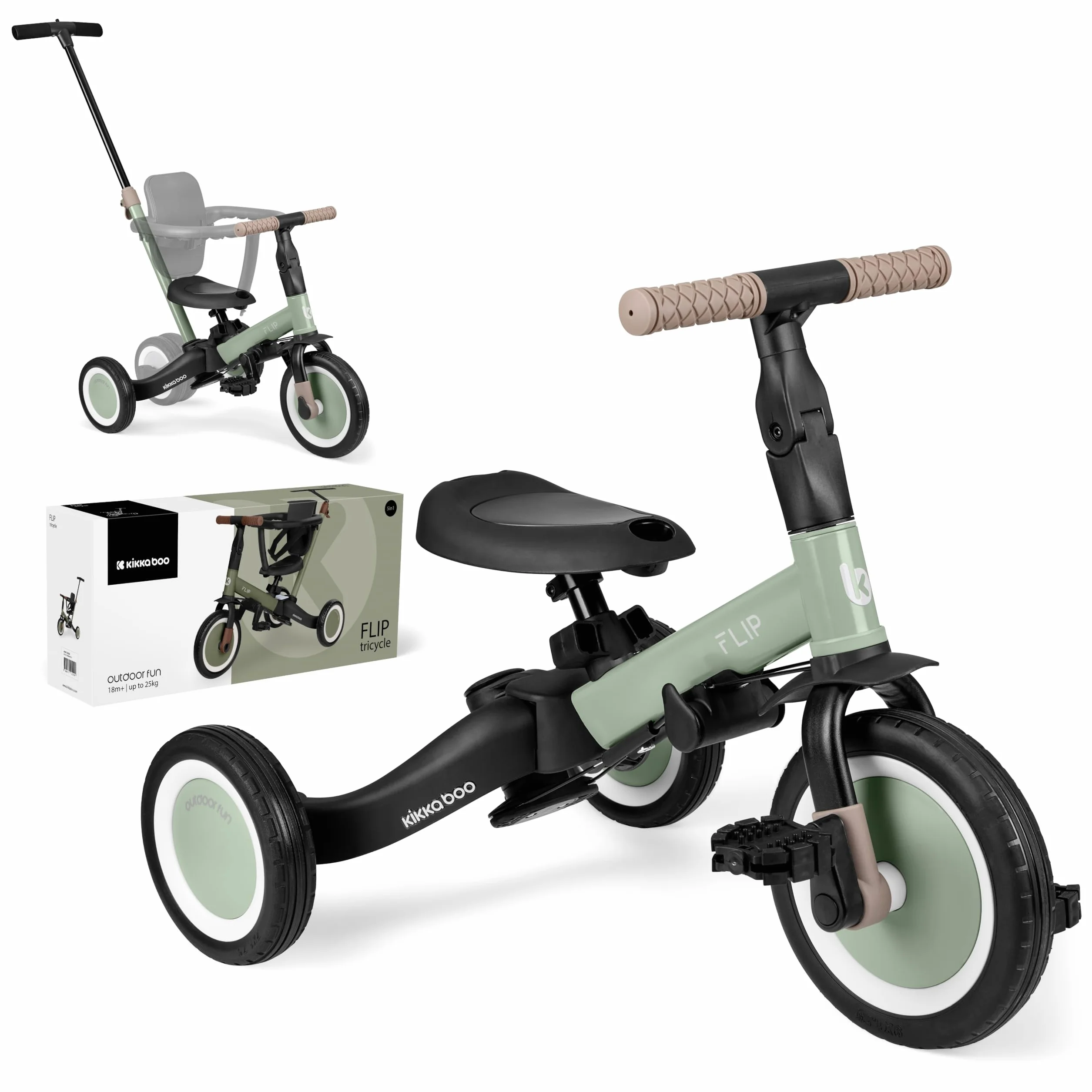 KikkaBoo Triciclo Evolutivo 5 in 1 per Bambini da 1 a 5 Anni FLIP, Triciclo Passeggino con Maniglione Regolabile, Con o Senza Pedali, Trasformabile in Bicicletta, Verde militare