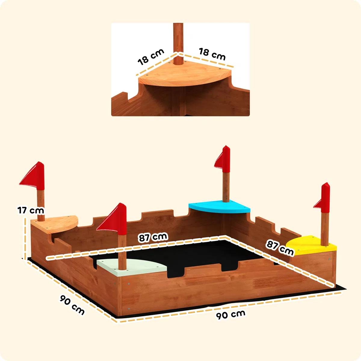 AIYAPLAY Sabbiera per Bambini 3-7 Anni a Forma di Castello con 4 Sedute con Bandierine, Sabbionaia per Bambini in Legno di Abete, 90x90x17 cm, Multicolore