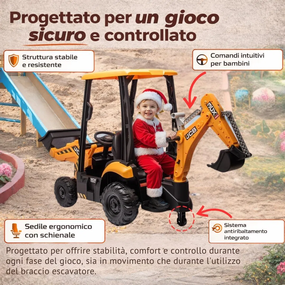 JCB Escavatore Elettrico per Bambini 24V 4 in 1 Cavalcabile con Telecomando Parentale