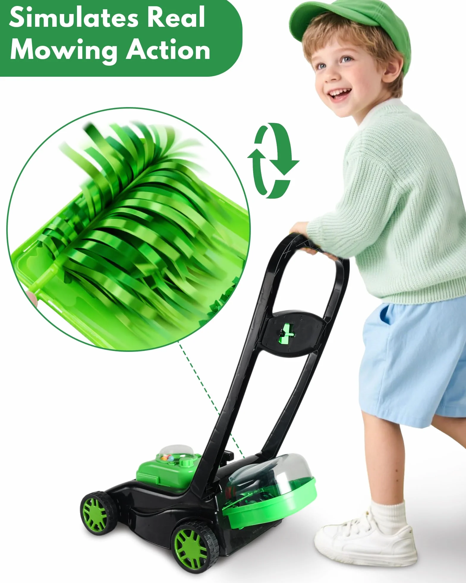 Kids Lawn Mower with Realistic Grass-Cutting Action And Sounds–No Batteries Required | Kids Lawn Mower，Fun Outdoor Push Toy for Kids