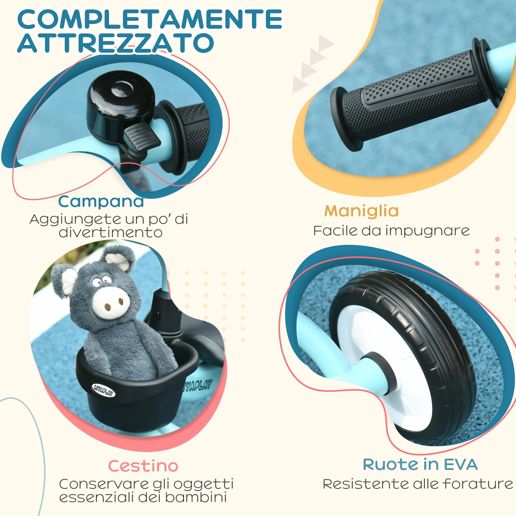 AIYAPLAY Triciclo per Bambini da 2-5 Anni con Seduta Regolabile, Bicicletta per Bambini con Cestino e Campanello, 70.5x53x58 cm, Blu