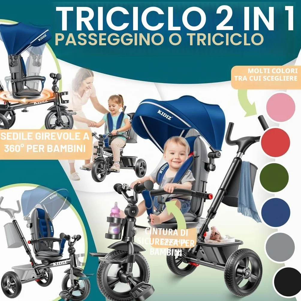 KIDIZ Triciclo 6 in 1 Dirigibile da 9 mesi Joggant anteriore e posteriore Peso massimo 25 kg Barra di spinta Cestino parasole Ruote in gomma