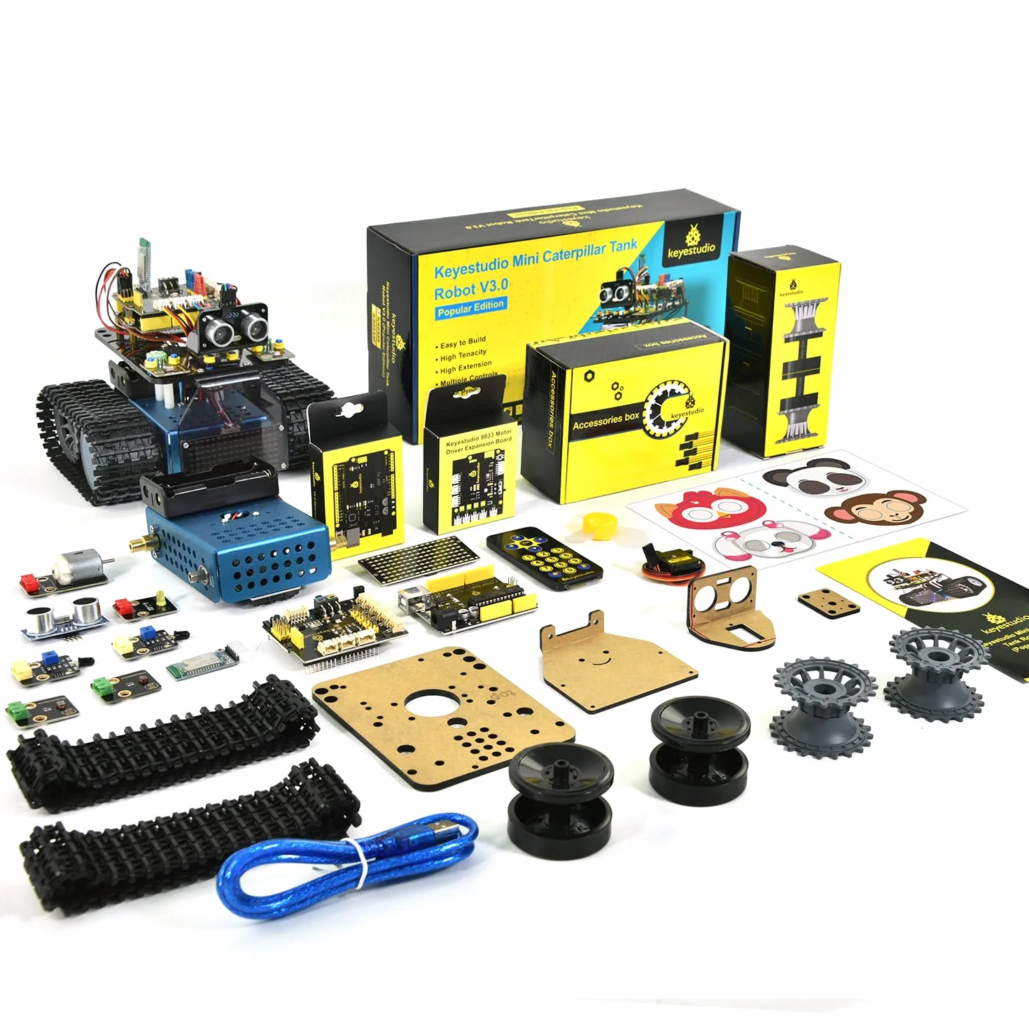 KEYESTUDIO Kit serbatoio robot intelligente per Arduino IDE, kit di costruzione elettronica con UNO R3, sensore a ultrasuoni, ecc. Robot di programmazione fai-da-te STEM educativo per 14+ adolescenti