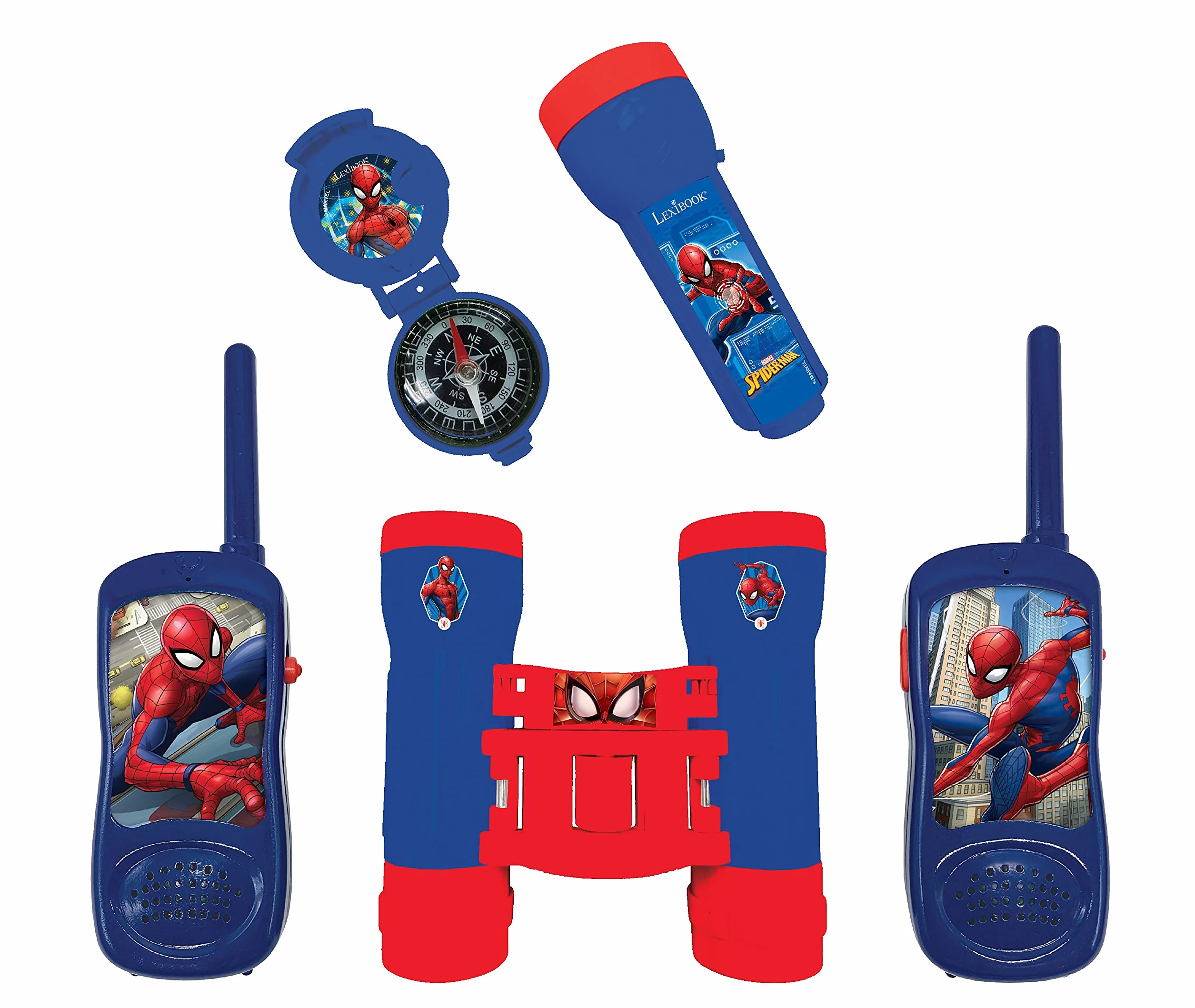 Lexibook, Spider-Man, Set avventuriero per Bambini, Walkie-Talkie 120m, Binocolo, Bussola, Torcia, Blu/Rosso, RPTW12SP