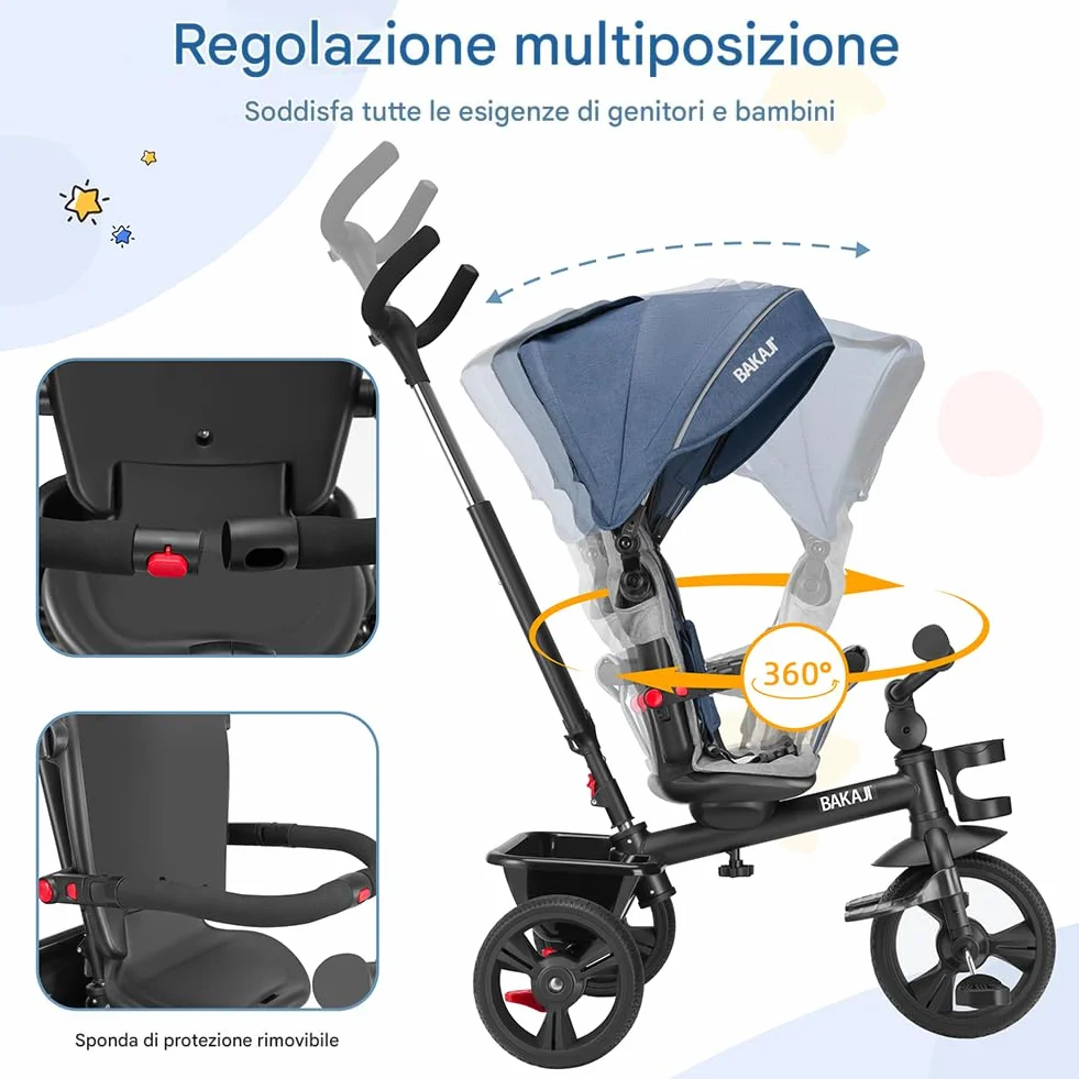 BAKAJI Triciclo Passeggino 4 in 1 per Bambini, Pedali o Manico Antiscivolo Ergonomico per Spinta, Sediolino Imbottito, Cinture di Sicurezza, Asta Direzionabile, Tettuccio Cappottino Parasole (Blu)
