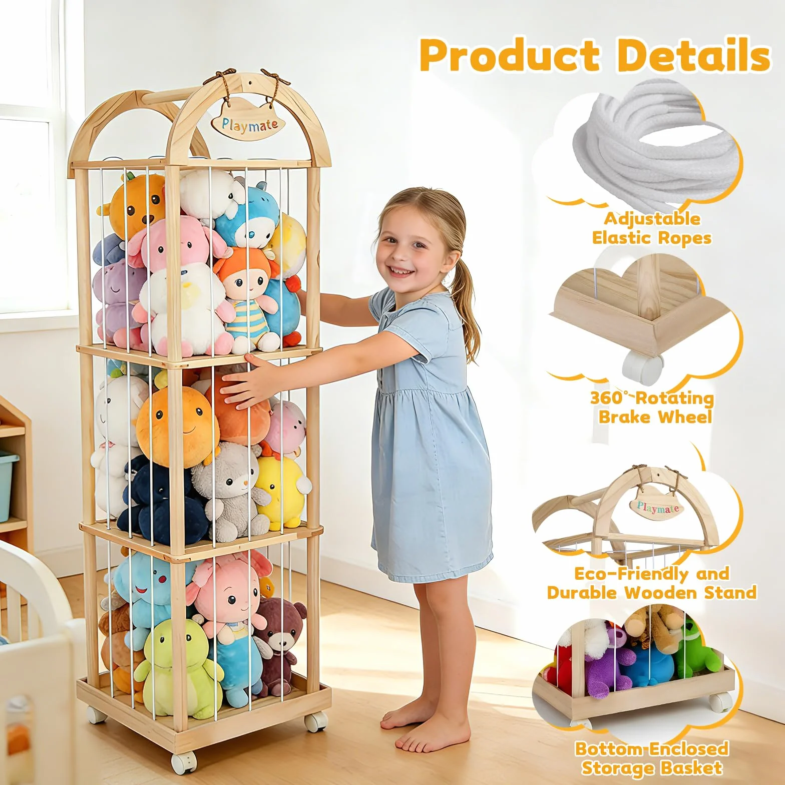 Contenitore per animali di peluche in legno, con ruote attrezzate a 360°, robusto scaffale giocattolo a 3 livelli, per soggiorno, camera da letto, mobili per cameretta dei bambini