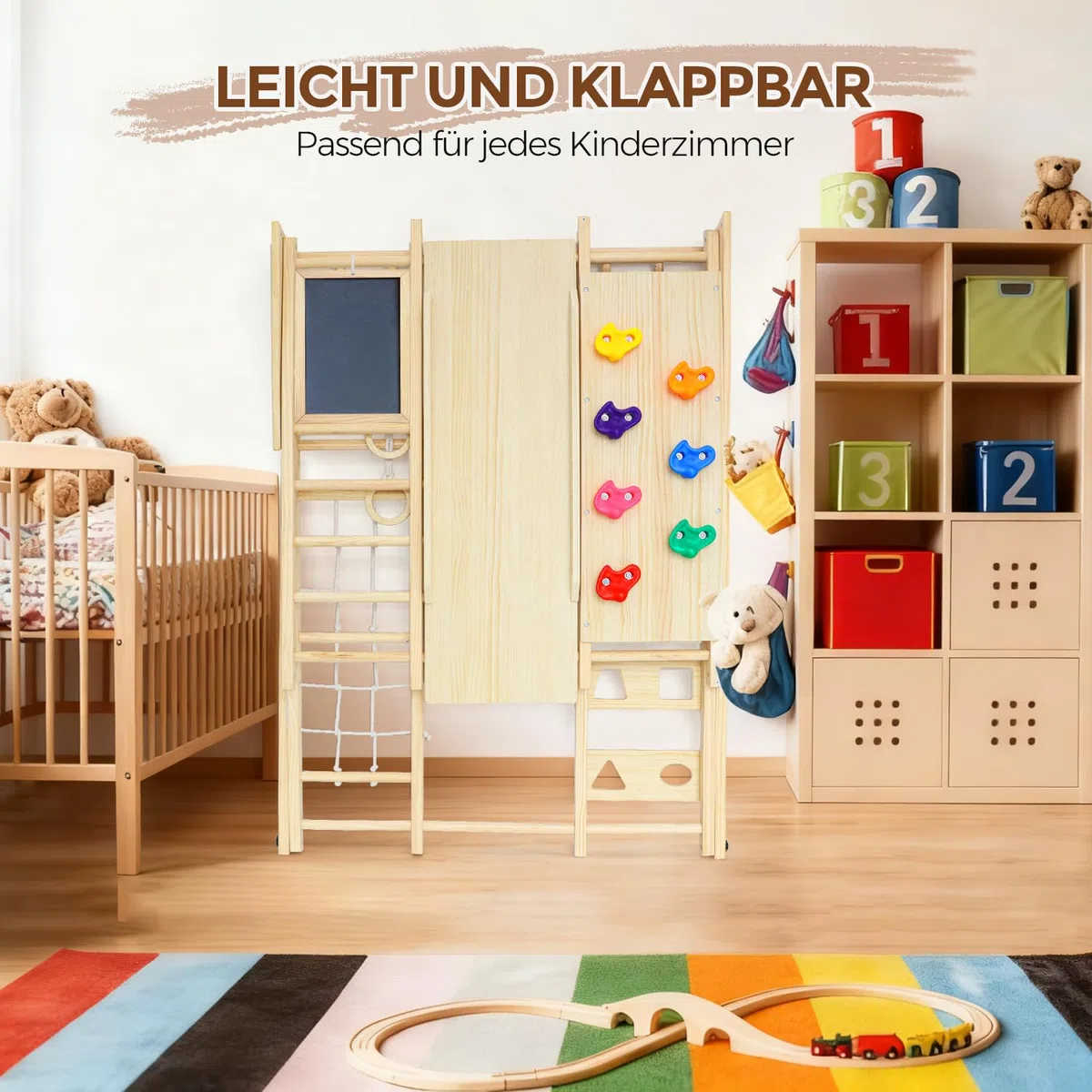 Maxi Telaio da Arrampicata per Interni Pieghevole 10 in 1 Montessori con Lavagna Scivolo Altalena Parete da Arrampicata