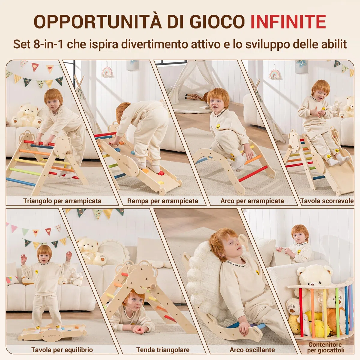 COSYLAND Set Arrampicata 8 in 1 Bambini Triangolo Pikler Arco Montessori Scivolo Pieghevole Interno 18M-3A Arcobaleno Classico