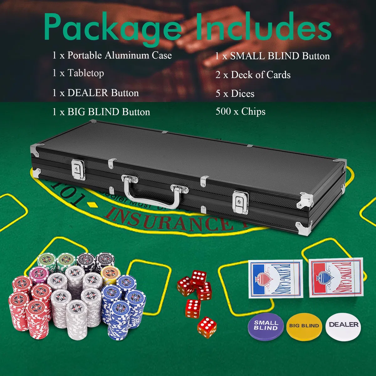 HOMASIS Set da Poker 500 Fiches Valigetta 2 Mazzi Carte 5 Dadi Tappetino Nero