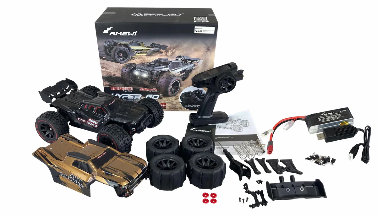 Amewi Hyper GO Truggy brushless 4WD 1:14 RTR nero incl. Wheelie-Bar, pezzi di ricambio, corpo dorato RC telecomandato