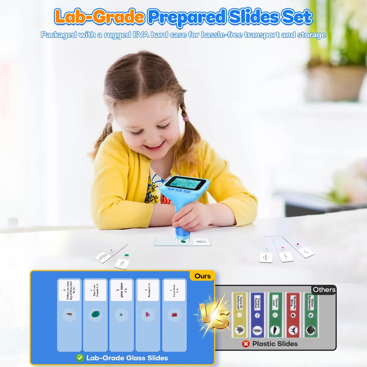 Microscopio Digitale Portatile Bambini: Schermo da 3,0" 1000X Ricaricabile Microscopio Portatile - 5 Lamine Vetro Lab per Bambini Esploratori 6-12 Anni, Viaggio Scienza Casa