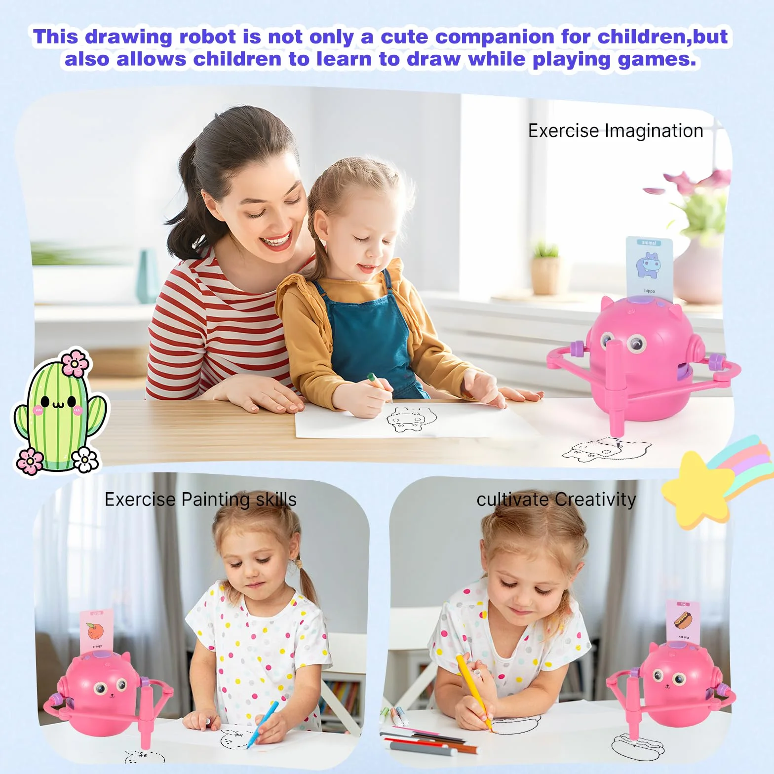Drawing Robot, Robot da Disegno per Bambini con 100 Carte, Robots da Disegno Che Dipinge, idraw robots Magico Interattivo per Bambini&Bambine (Rosa)