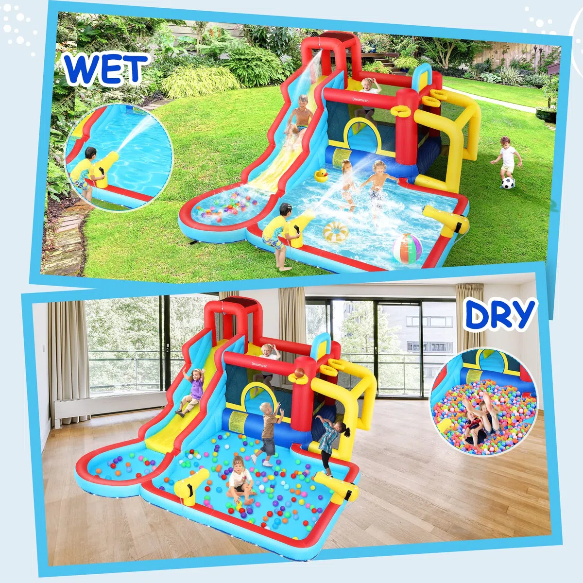 AKEYDIY Scivolo d'acqua per bambini 10 in 1, casetta gonfiabile con piscina spruzzi