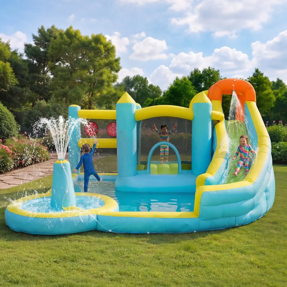 Hüpfburg, Parco acquatico con acquascivolo e piscina, gonfiabile, per giardino all'aperto, parco giochi acquatici con ventilatore, grande giocattolo gonfiabile per bambini (430 x 390 x 210 cm)