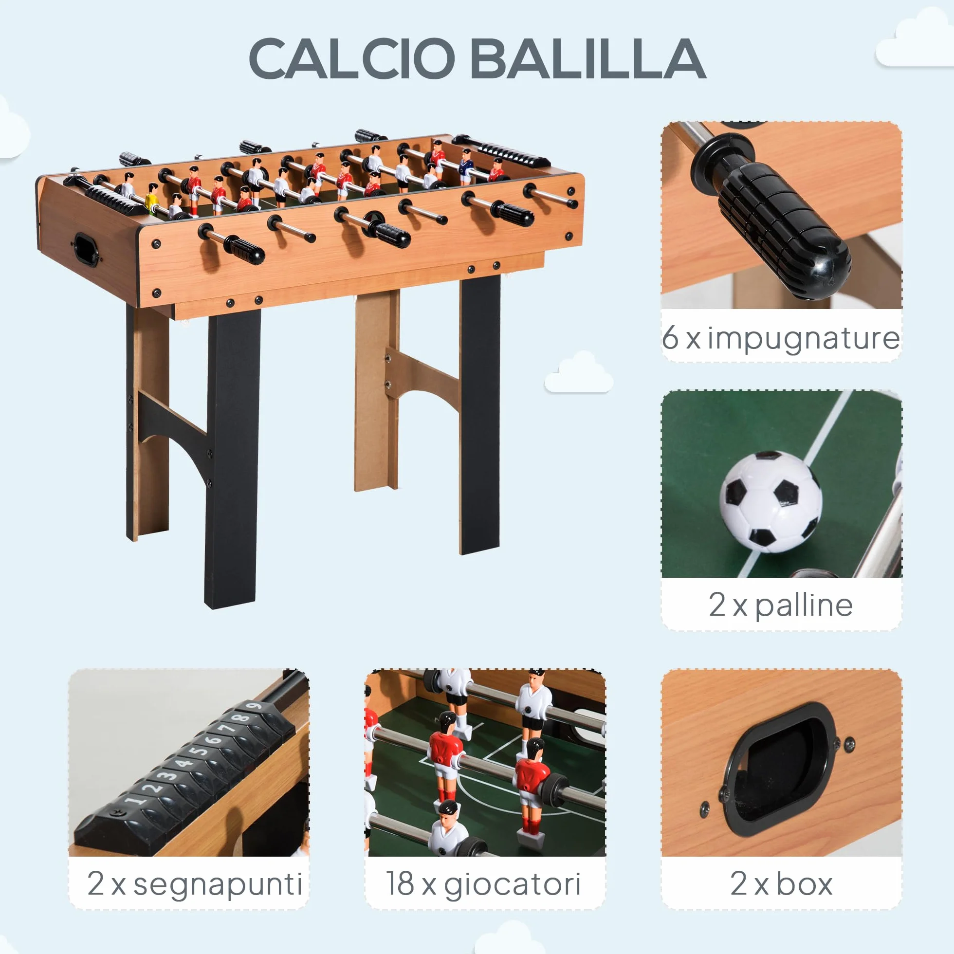 HOMCOM Tavolo Multigioco 4 in 1 con Calcio Balilla, Biliardo, Ping Pong e Hockey da Tavolo, Tavolo da Gioco con Accessori, in Legno MDF, Legno Naturale e Nero
