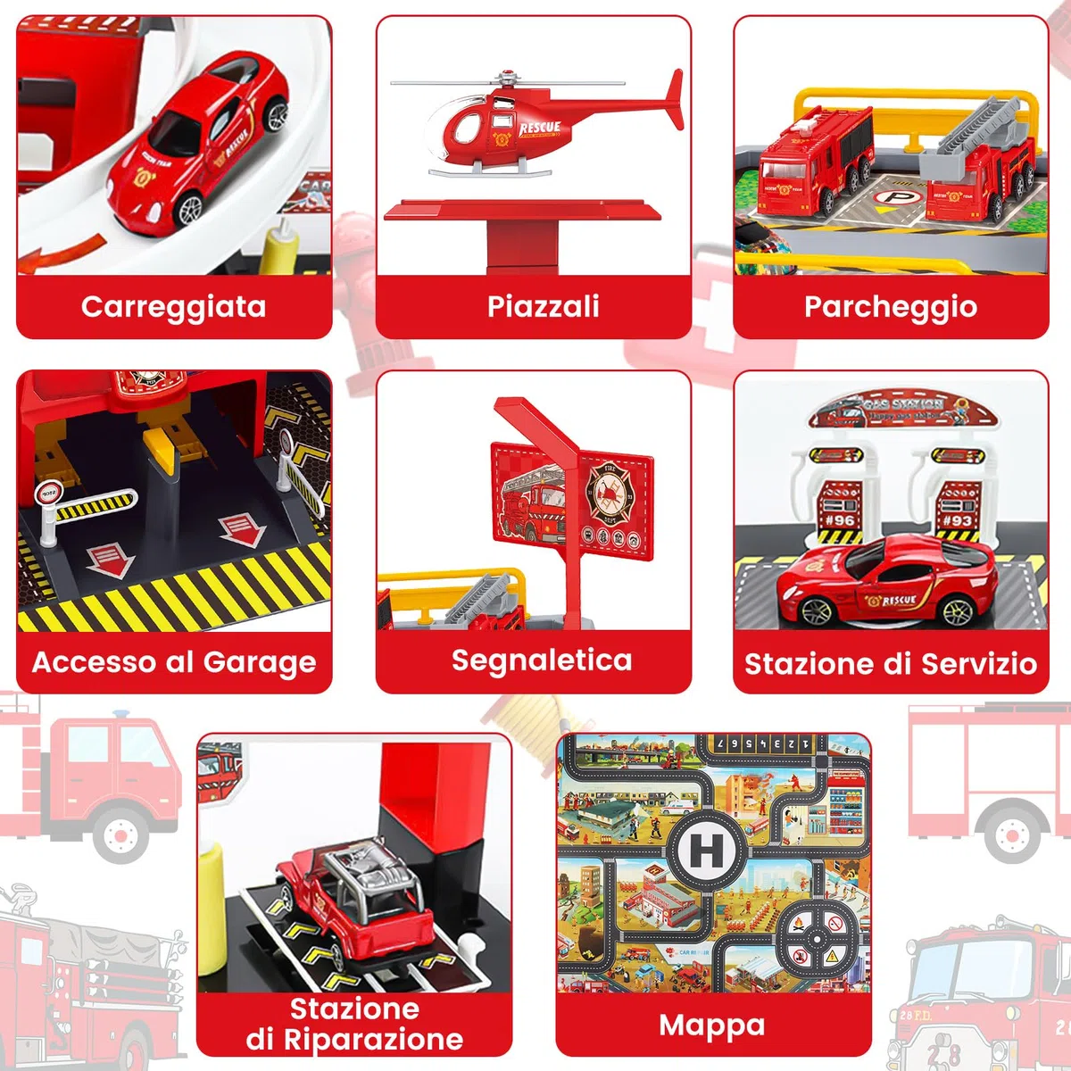 BuzzoXerex 5 Piani Garage Mmacchine per Bambini, Parcheggio Macchinine con 14 Autos e 2 Elicottero, Giocattolo Auto Garage con Ascensore e Rampe, Idea Regalo per Bambini 5 6 7 8 9 Anni (Rosso)
