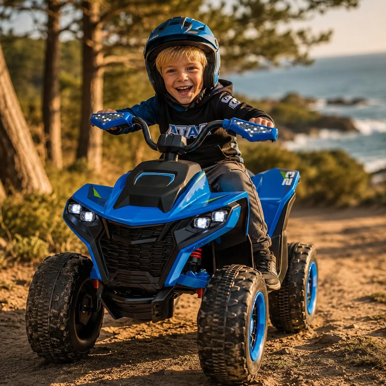 Quad elettrico per bambini 24 V ATAA Vengeance blu moto a batteria per bambini con telecomando luci LED musica e Bluetooth