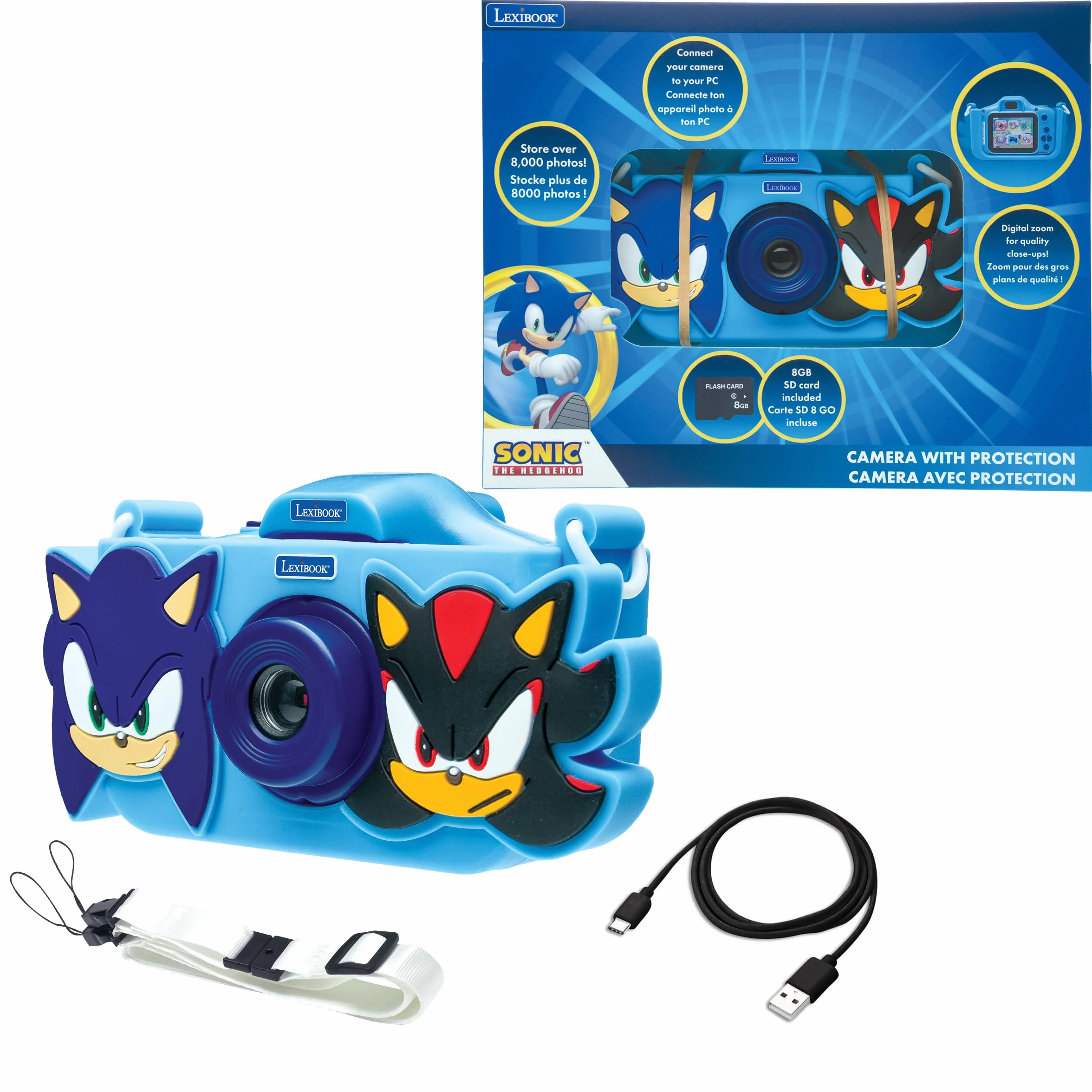 Lexibook, Sonic The Hedgehog, Fotocamera 4-in-1 per Bambini con Protezione, Funzioni Foto, Video, MP3 e Giochi, 15 Filtri per Personalizzare Le tue Foto, Scheda di Memoria da 8 GB Inclusa, DJ078SN