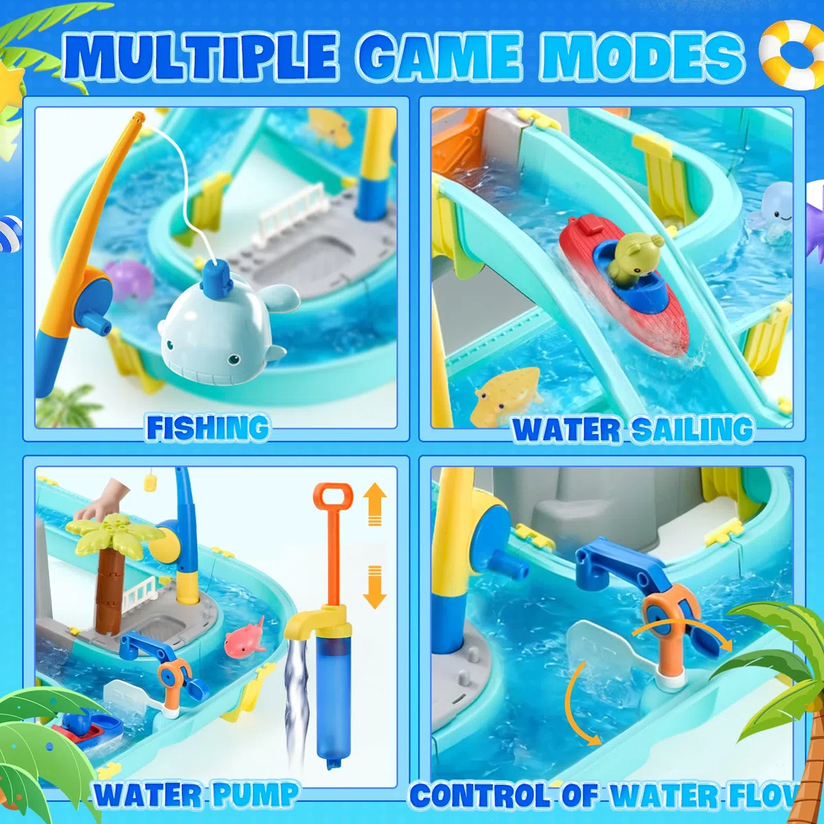Gioco Acqua con Pista, 80 Pezzi Tavolo Acqua Bambini Esterno - con Barche, Pesca Magnetica & Animaletti, Giocattolo Estivo per Giardino e Spiaggia da 3+ Anni