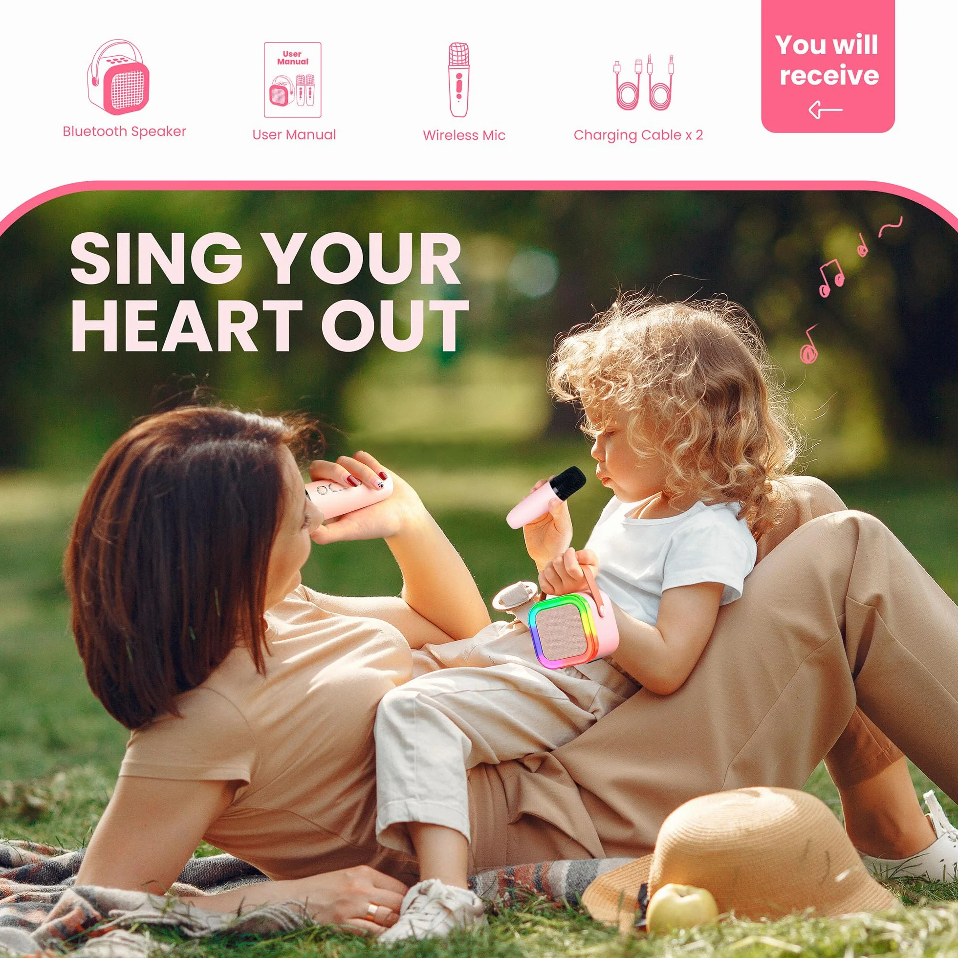 Karaoke con Microfono per Bambini 4-9 Anni, Microfono Bluetooth con Effetti Cambia Voce, Regalo Compleanno Natale Rosa