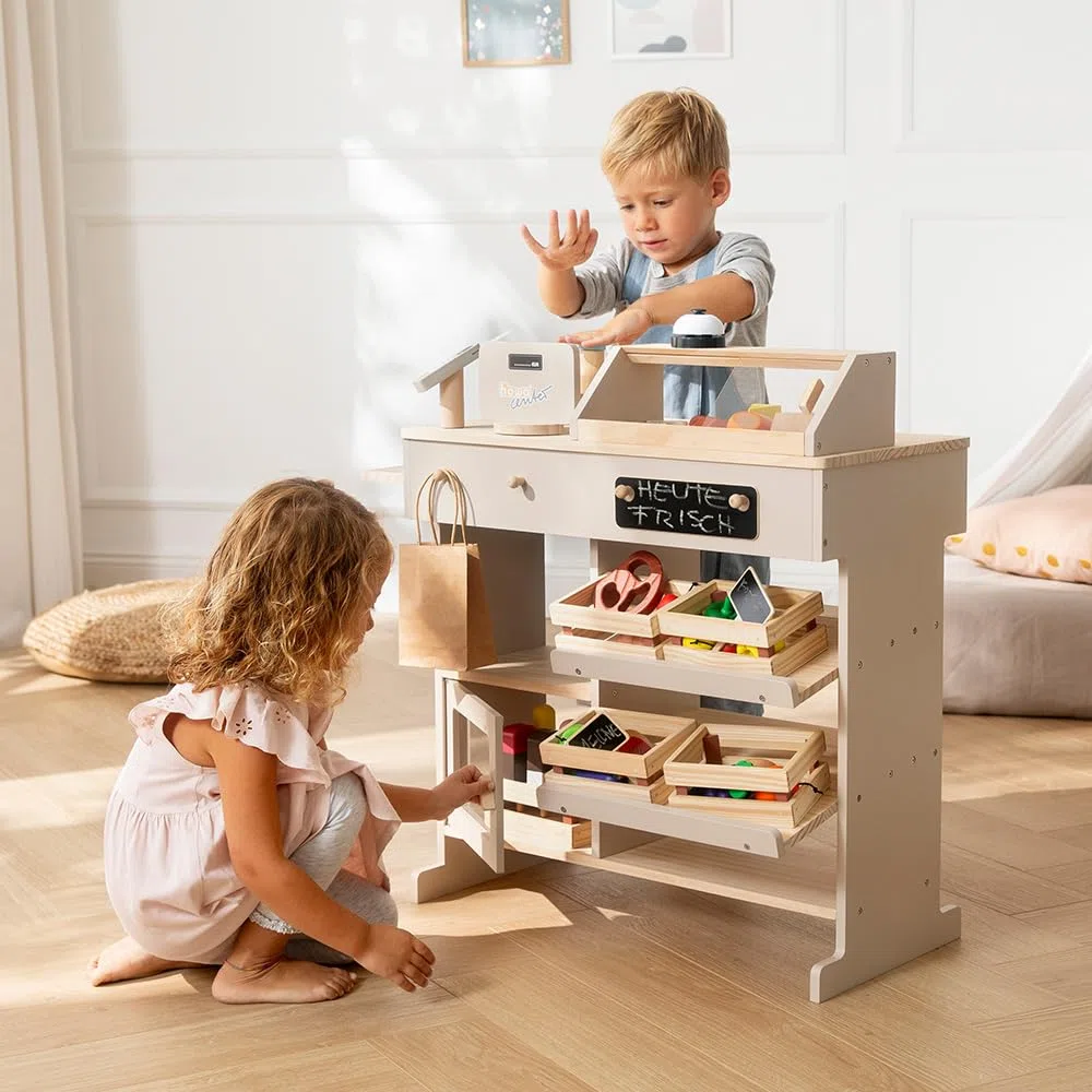 howa Kaufladen 47551 - Negozio di mercanti in legno, con cassetta e lettore di carte giocattolo, lavagna per gesso, vetrina, campanello, giocattolo in legno naturale/beige