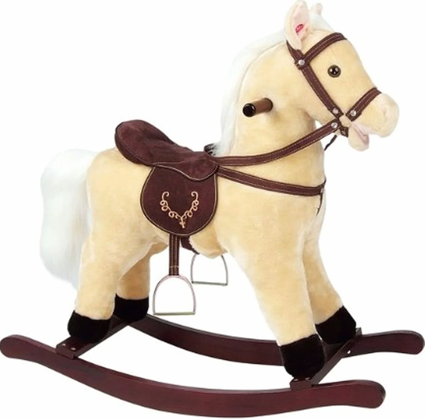 Cavallo a Dondolo per Bambini in Peluche con Suoni, Morbido e Interattivo con Struttura in Legno Sella e Staffe Giocattolo Sicuro per Divertimento e Relax Idea Regalo 74x30x70 cm.