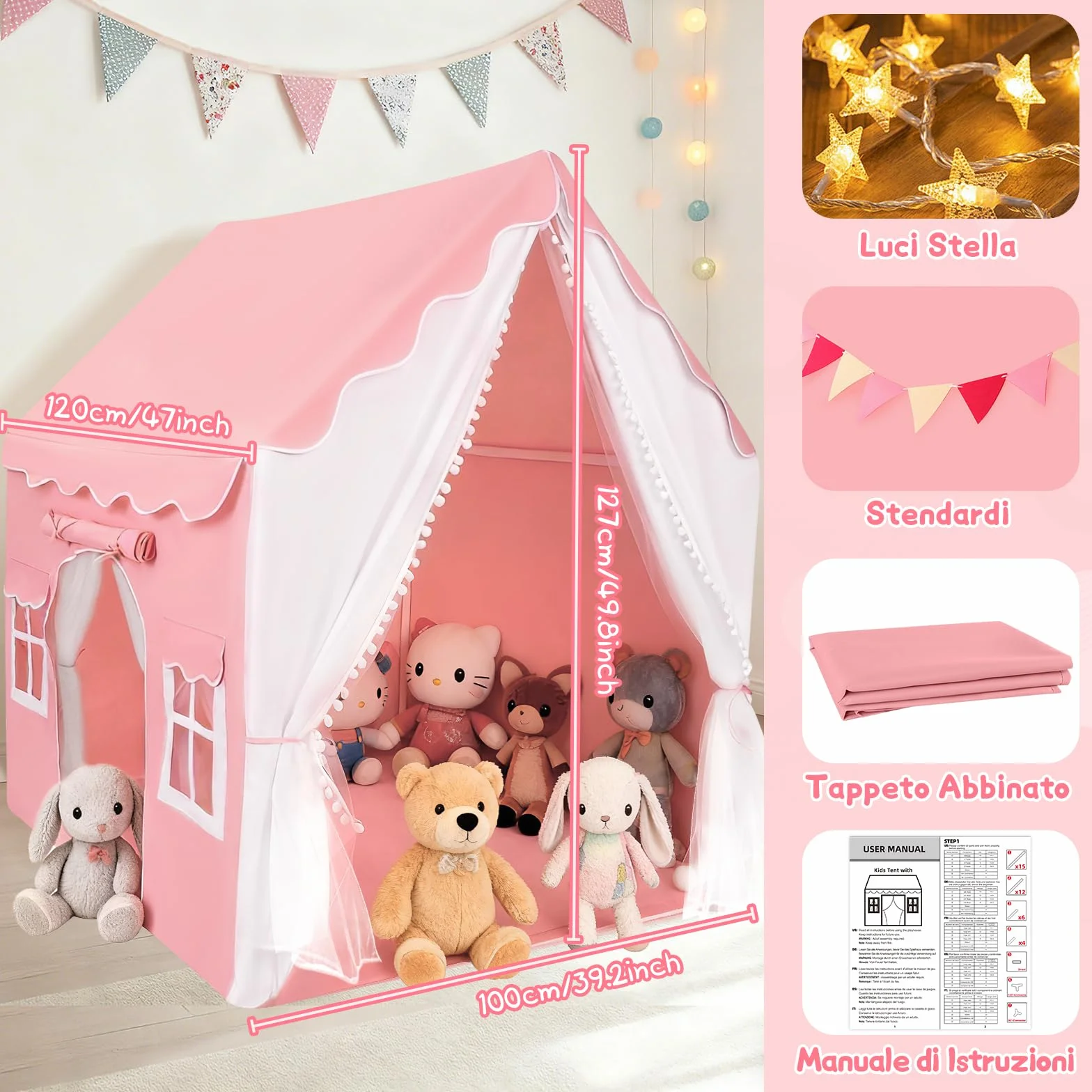 Tenda per Bambini Cameretta, Tenda da Gioco con 2 Porte per Interni Esterni con Luci LED e Bandierine, Rosa
