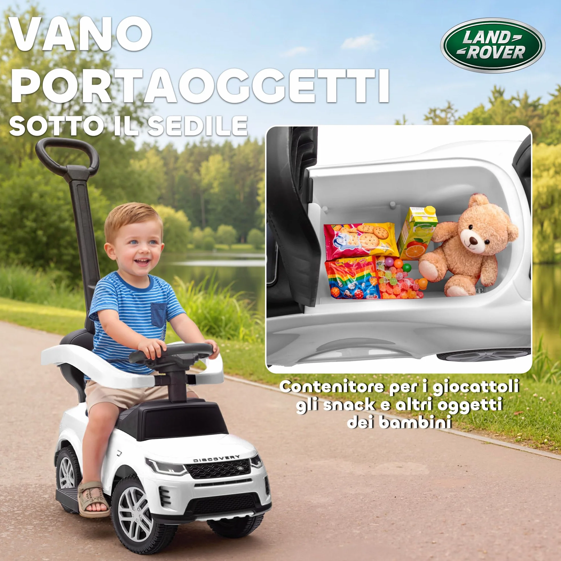 AIYAPLAY Macchina Primi Passi Cavalcabile per Bambini 1-3 Anni Licenza Land Rover Discovery con Maniglione e Barriera a 360°, Passeggino per Bambini in PP e Acciaio, 84x40x94.5 cm, Bianco