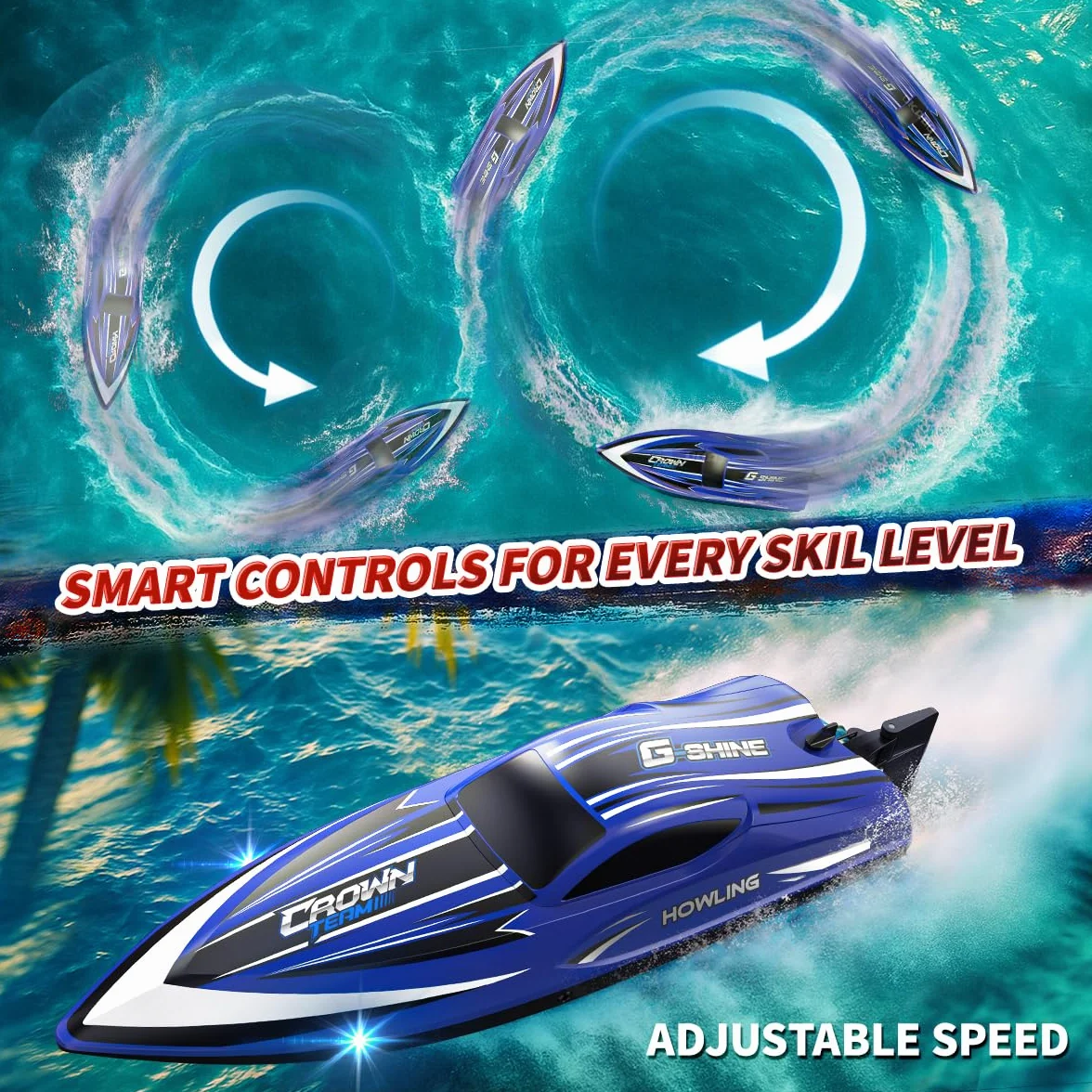 Barca Telecomandata 35 km/h con LED, Funzione Flip, Raffreddamento ad Acqua, Allarme Batteria Scarica e Distanza, 2 Batterie, Impermeabile, 2.4 GHz, per Bambini e Adulti, per Lago e Piscina