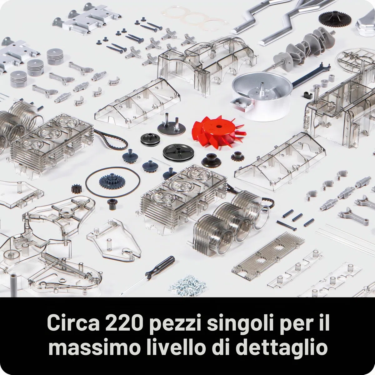 Franzis 67224 - Motore da Boxe Porsche 911, Kit da 290 Pezzi, Modello Funzionale Trasparente, Albero Motore Mobile, Pistoni e valvole, con Motore a 6 cilindri raffreddato ad Aria