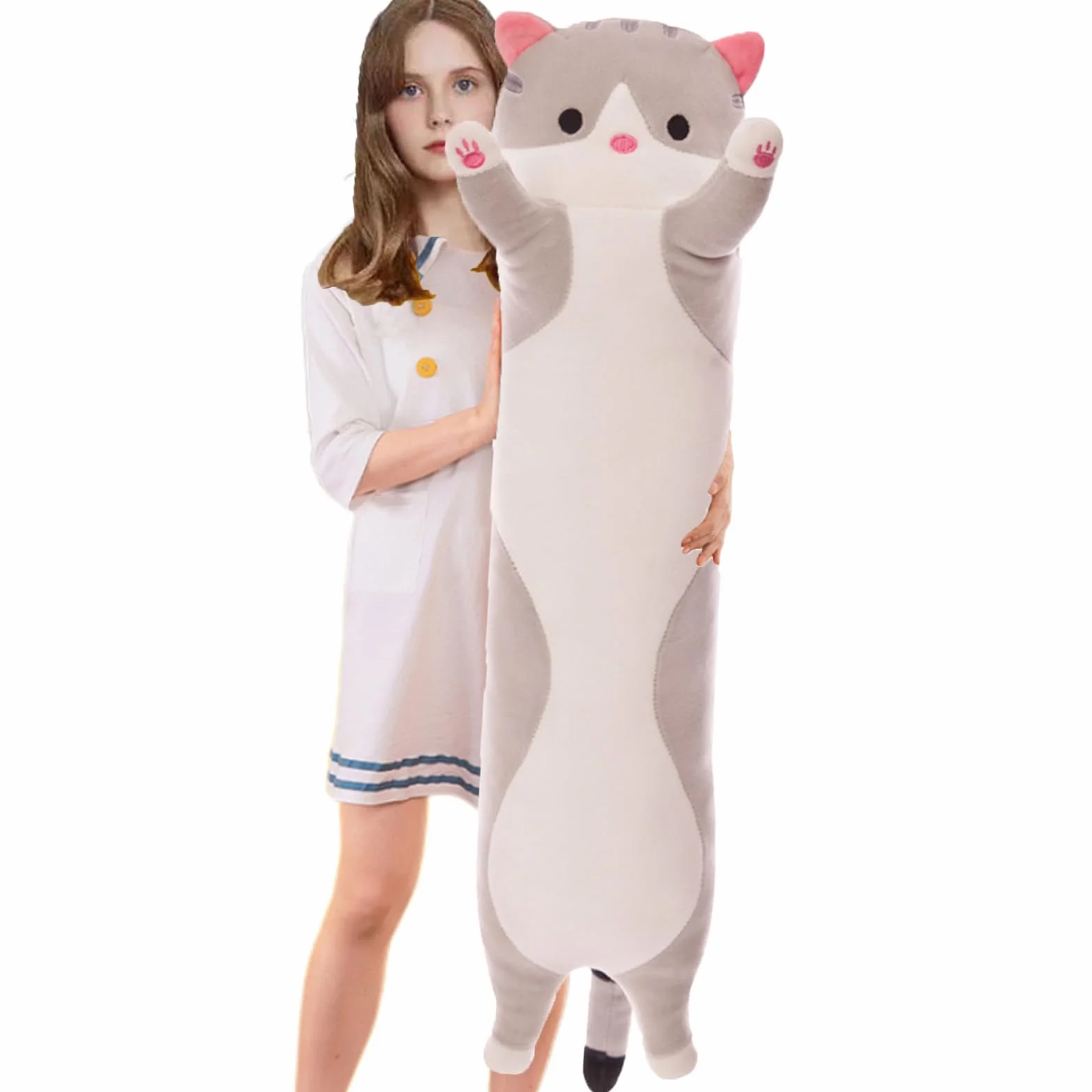 Gatto Peluche Morbido Abbraccio Cuscino Imbottito Animale Carino Kitty Sleeping Throw Regalo per Bambini (130cm/51.1inch, Grigio)