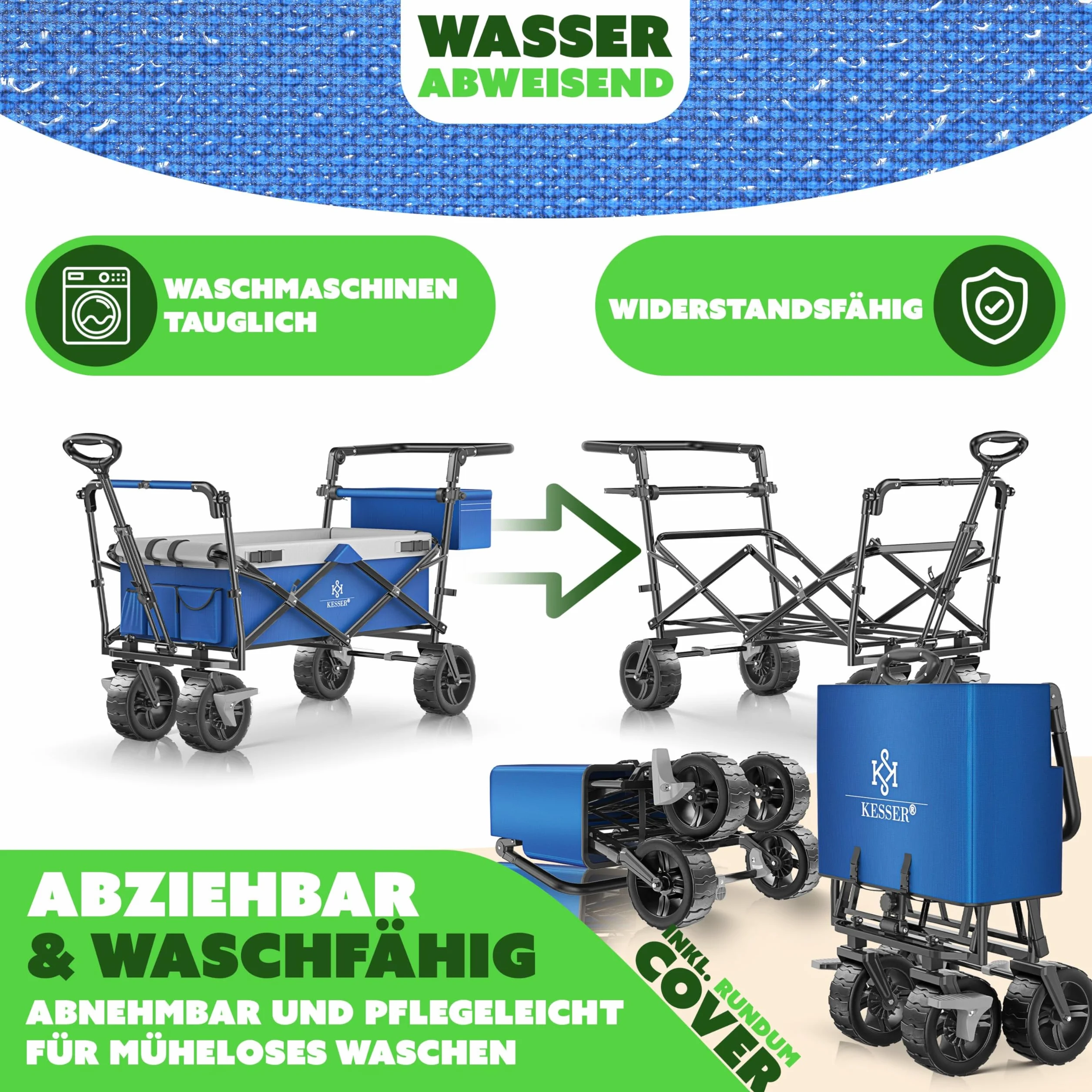 KESSER® Carrello pieghevole XXL con tettuccio GT9000, carrello pieghevole fino a 150 kg, per bambini, spiaggia, campeggio e giardino, grande carrello di trasporto con ruote in gomma rigida, freni