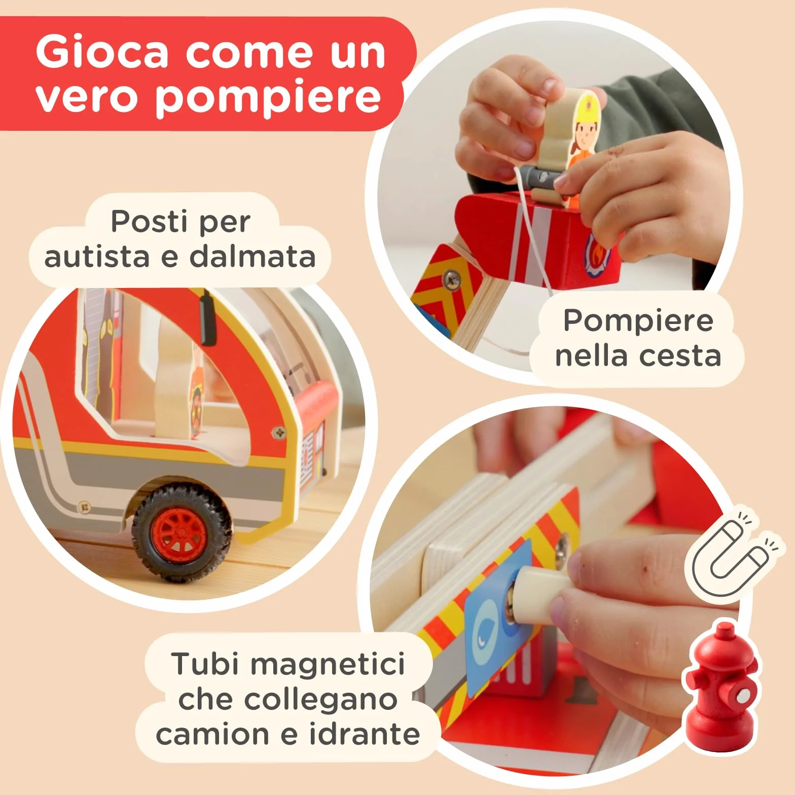 Nene Toys Camion dei Pompieri in Legno – Giocattolo Educativo Magnetico per Bambini 2+ Anni – Scala Girevole 360°, Tubi Magnetici, Idrante, Pompieri & Dalmata – Gioco Montessori FSC Regalo Perfetto