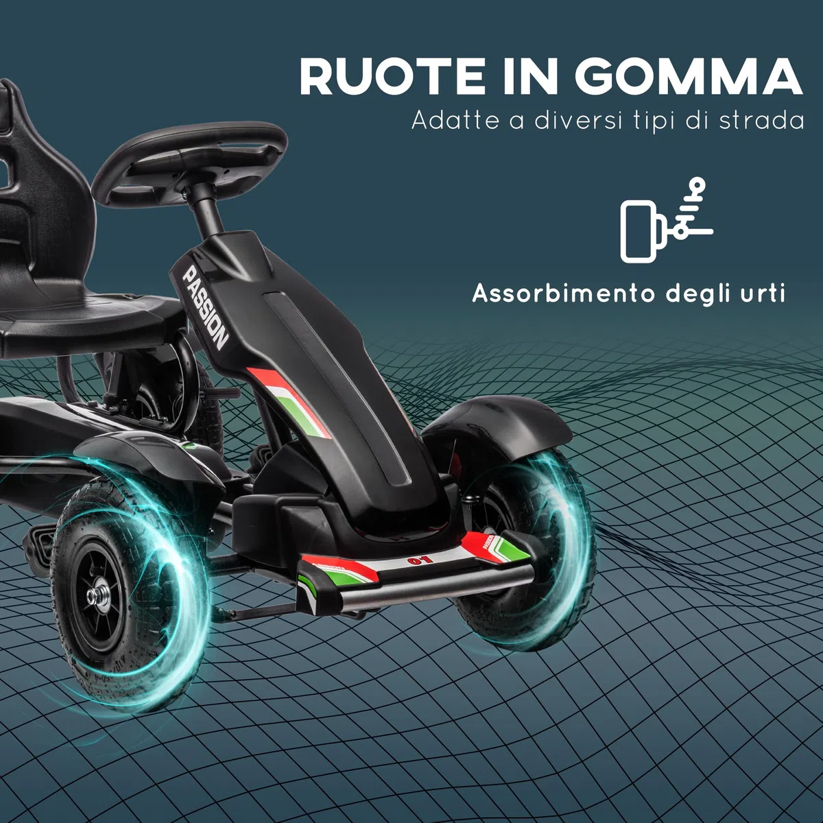 HOMCOM Go Kart per Bambini 5-12 Anni, Kart a Pedali in Plastica e Metallo, Sedile Regolabile, Freno a Mano, Retromarcia, 121x58x61 cm, Nero