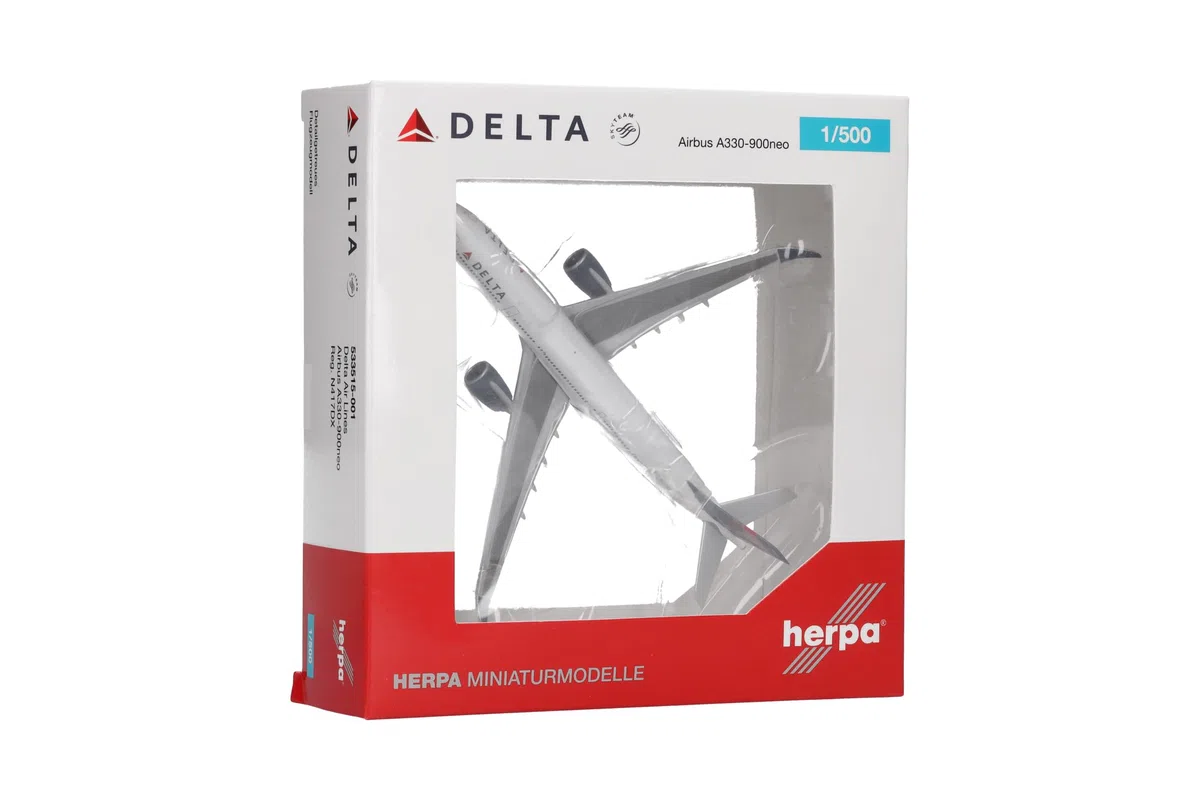 Herpa Modellino aereo Delta Air Lines Airbus A330-900neo, miniatura in scala 1:500, pezzo da collezione, modello senza