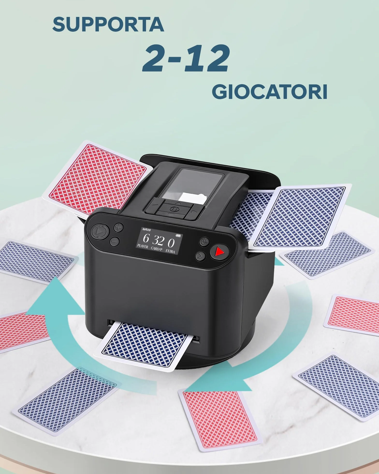Mescolatore e Distributore Automatico di Carte – Rotazione 360° per 1–2 Mazzi, 2–12 Giocatori con 4 Telecomandi | Modalità di Gioco Integrate, Ricaricabile & Silenzioso per Poker, UNO, Phase 10 (Nero)