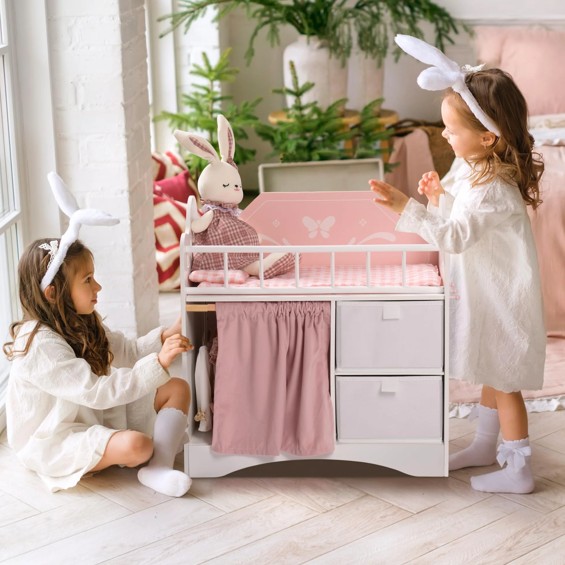 ROBUD Letto per bambole in legno con armadio e biancheria da letto per bambole fino a 55 cm