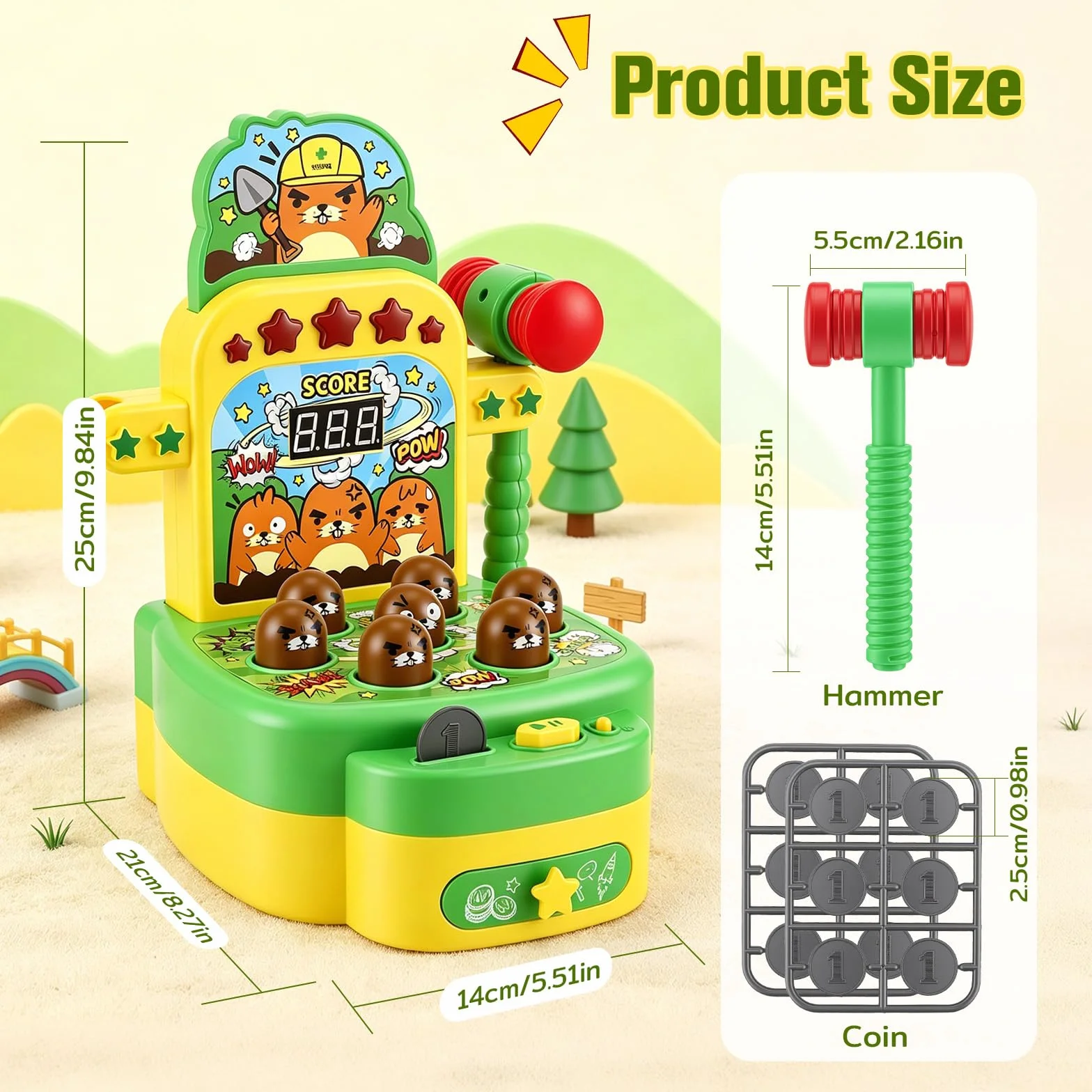Gioco Colpisci la talpa per bambini Giocattolo musicale interattivo con 2 martelli per promuovere le capacità motorie Giocattolo educativo con luci ed effetti sonori, gioco arcade display LCD, verde