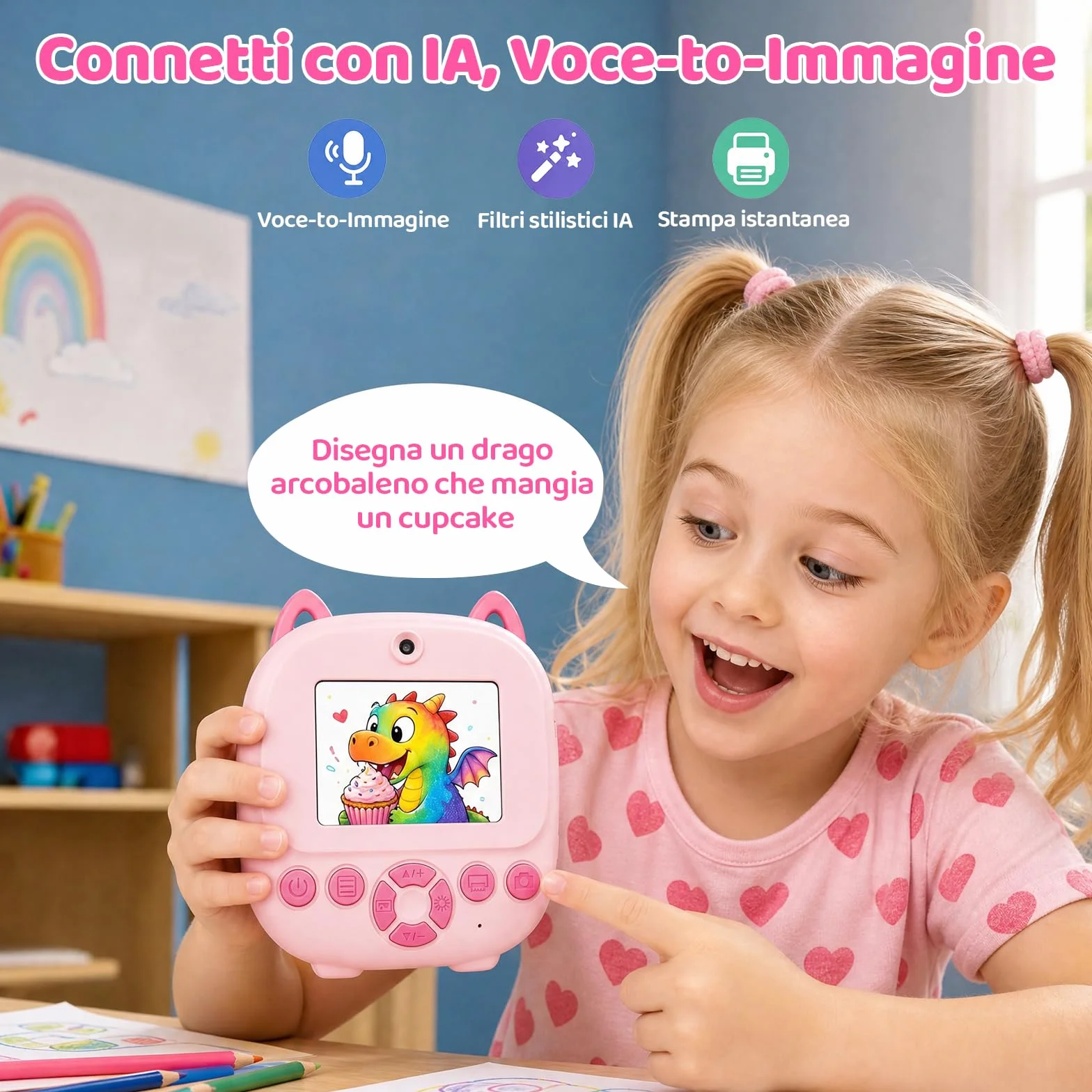 CHAKEYAKE Macchina Fotografica Bambini Istantanea, AI Riconoscimento Vocale E Immagini, Schermo da 2,4 Pollici, Funzione Foto & Video, Adesivi Creativi E Filtri, Regalo Per Ragazzi Ragazze, Rosa
