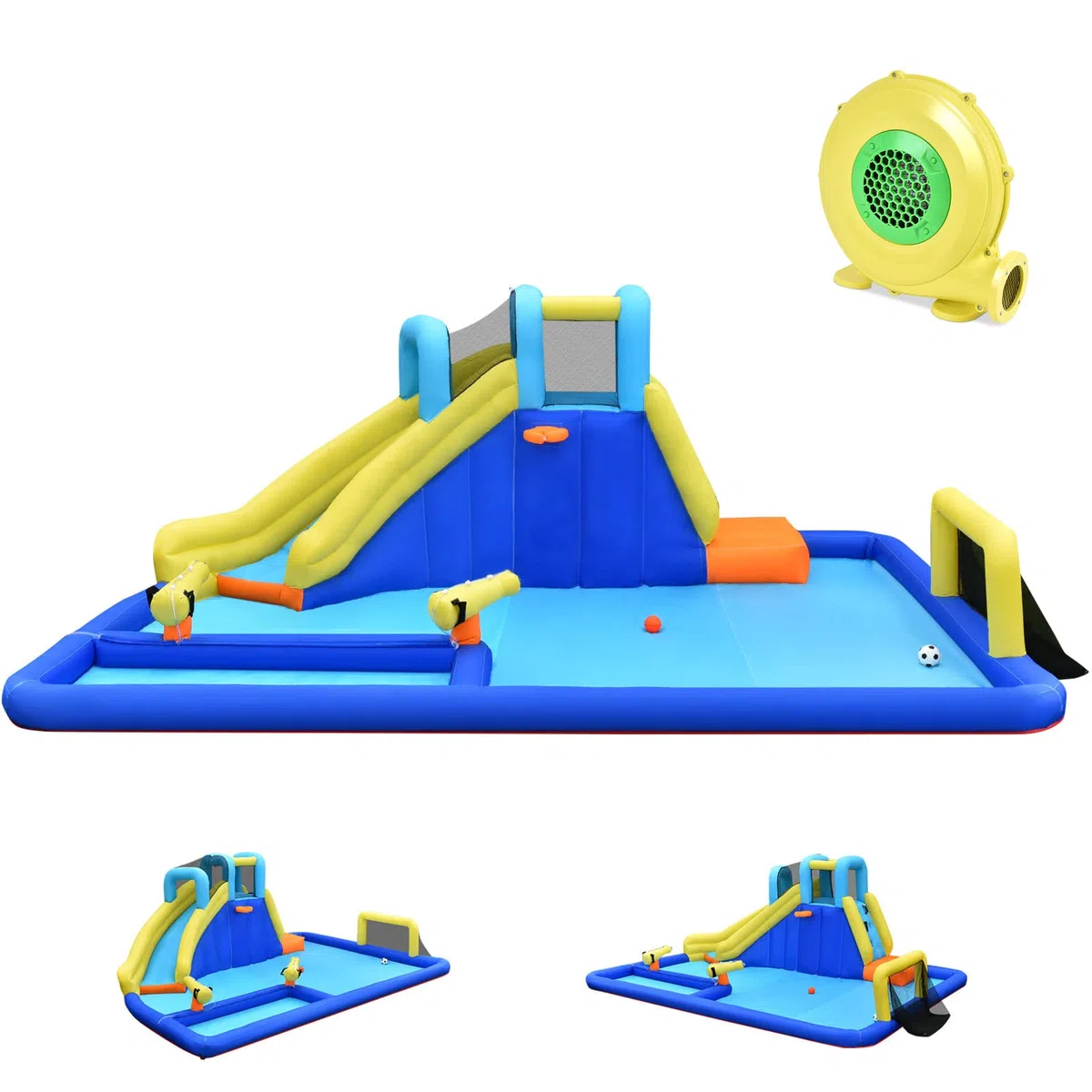 COSTWAY Castello Gonfiabile Per Bambini, Con Scivoli, Muro da Arrampicata e Piscina, Per 3 Bambini 3-10 Anni, Con Borsa di Trasporto e Kit Riparazione (Con soffiatore)