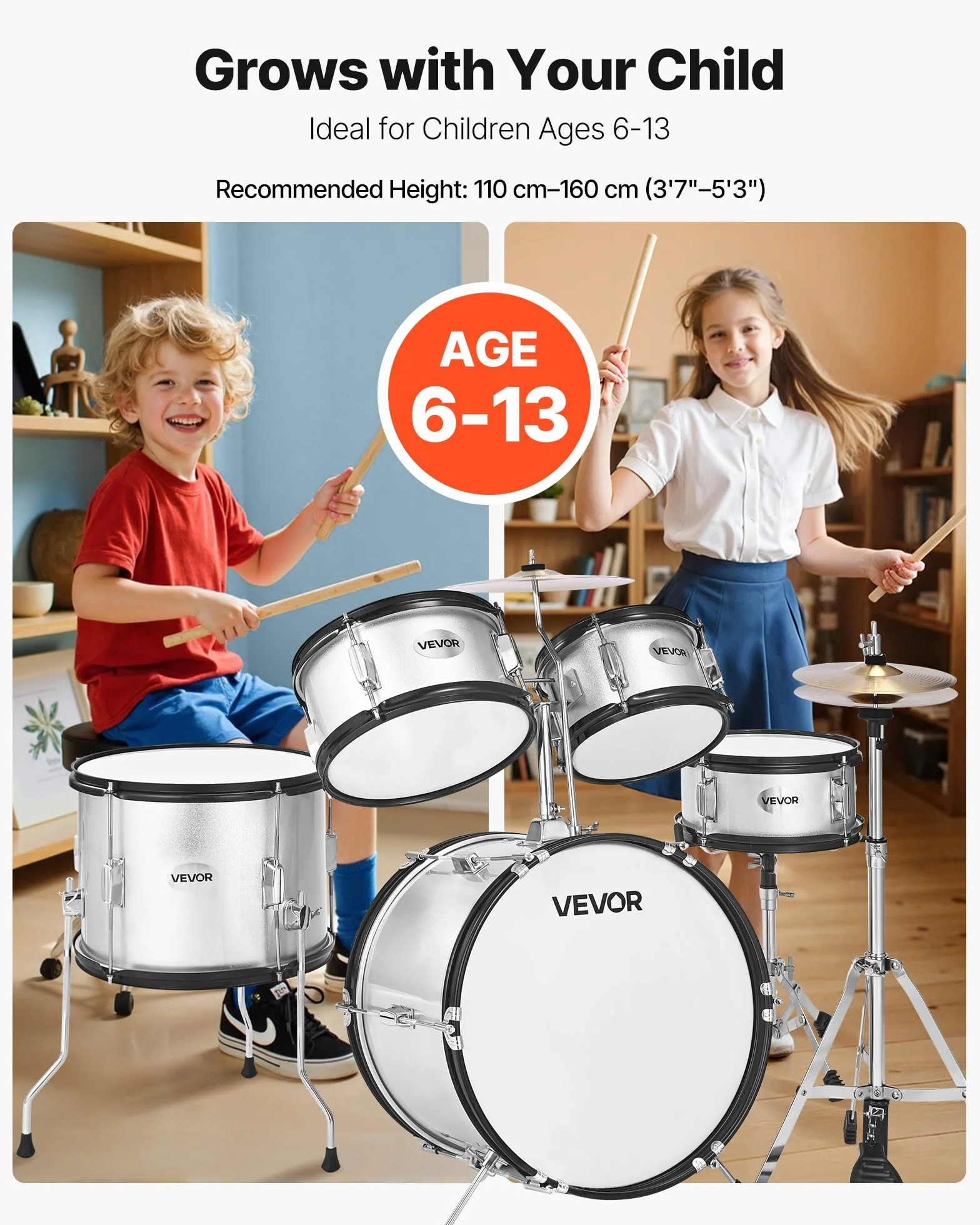 VEVOR Batteria per Principianti da 5 Pezzi da ca. 406 mm, Batteria per Principianti con Sgabello Regolabile, Piatto e Due Paia di Bacchette, Kit di Strumenti Musicali per l'Apprendimento, Argento