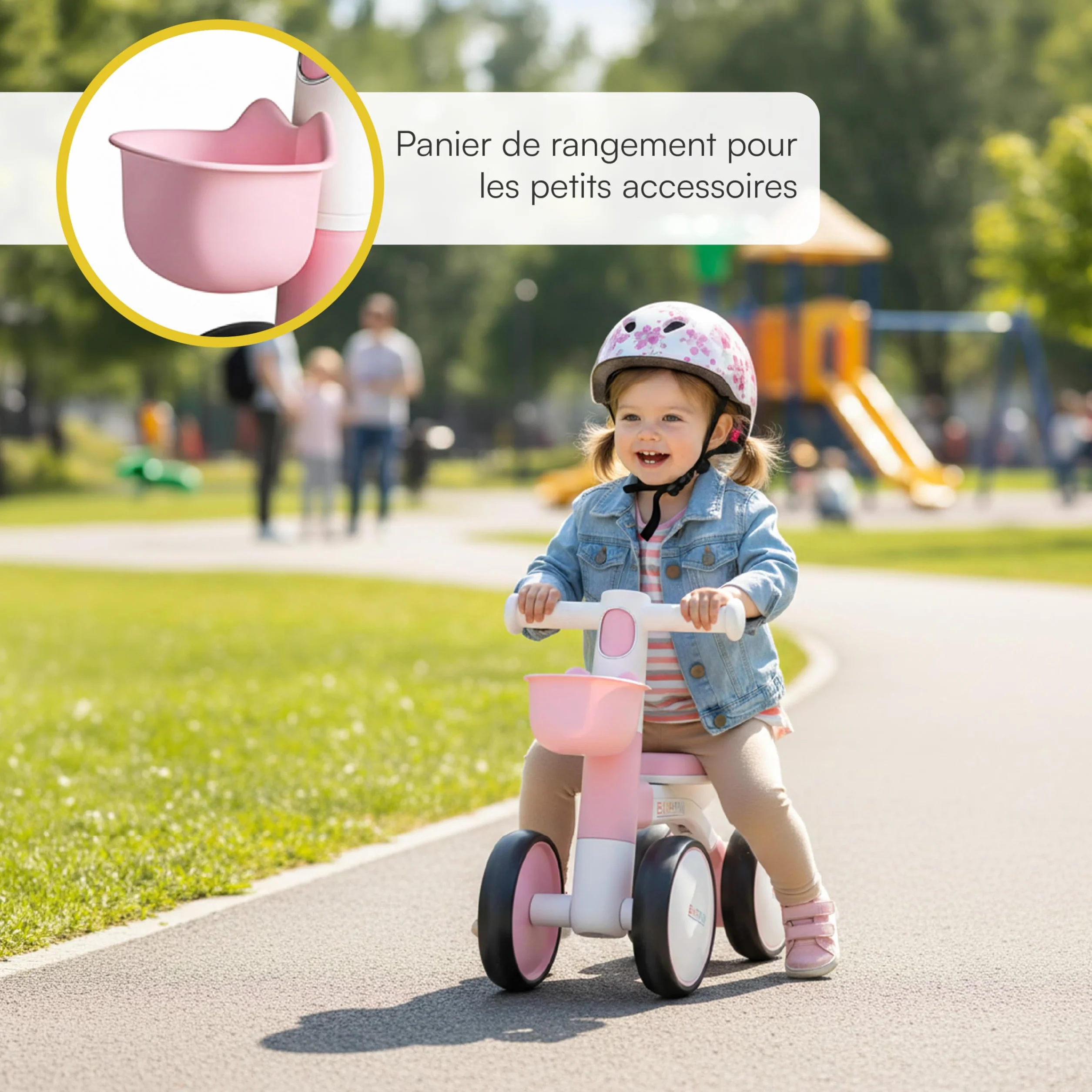 Baroni Toys Bici Senza Pedali Rosa a 4 Ruote per Bambini dai 3 Anni, Primi Passi con Luci e Suoni, Cestino Portaoggetti, Balanced Bike, Ideale per Sviluppo Motorio e Coordinazione, 55x22x42cm