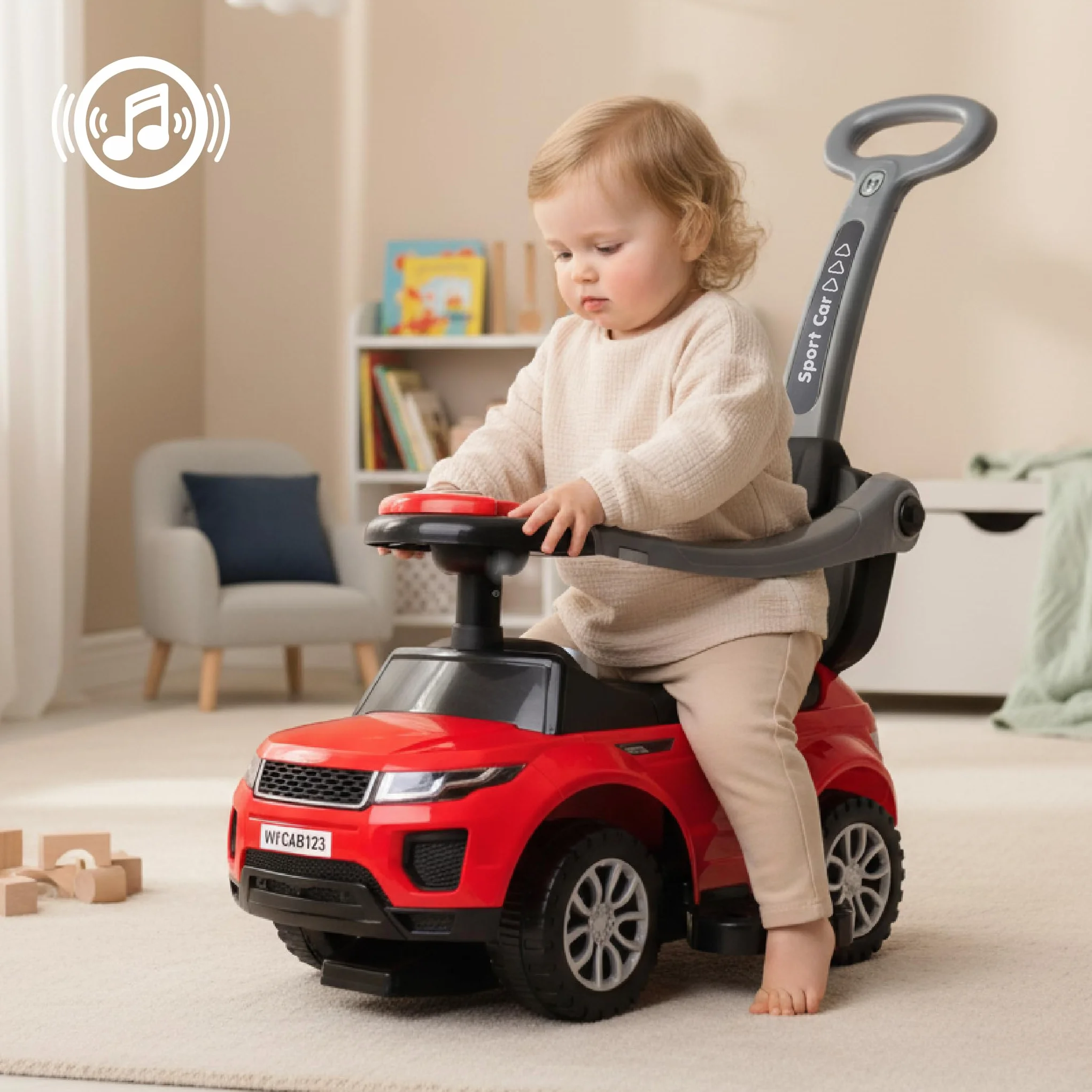 Auto a spinta per bambini 4in1, scivolo a partire da 1 anni, con clacson e musica, spazio per riporre i bagagli sotto il sedile (Rosso)