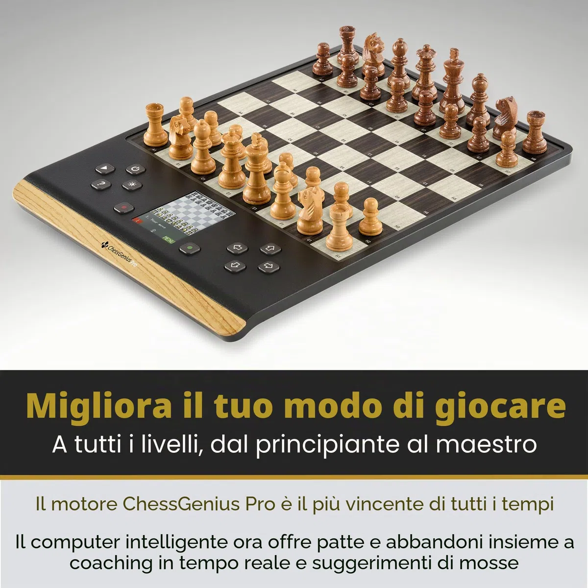 Computer per scacchi MILLENNIUM ChessGenius Pro Wood Edition - Elegante look in legno con pezzi in vero legno, facile da usare, ideale per i giocatori per hobby con funzioni di apprendimento AI