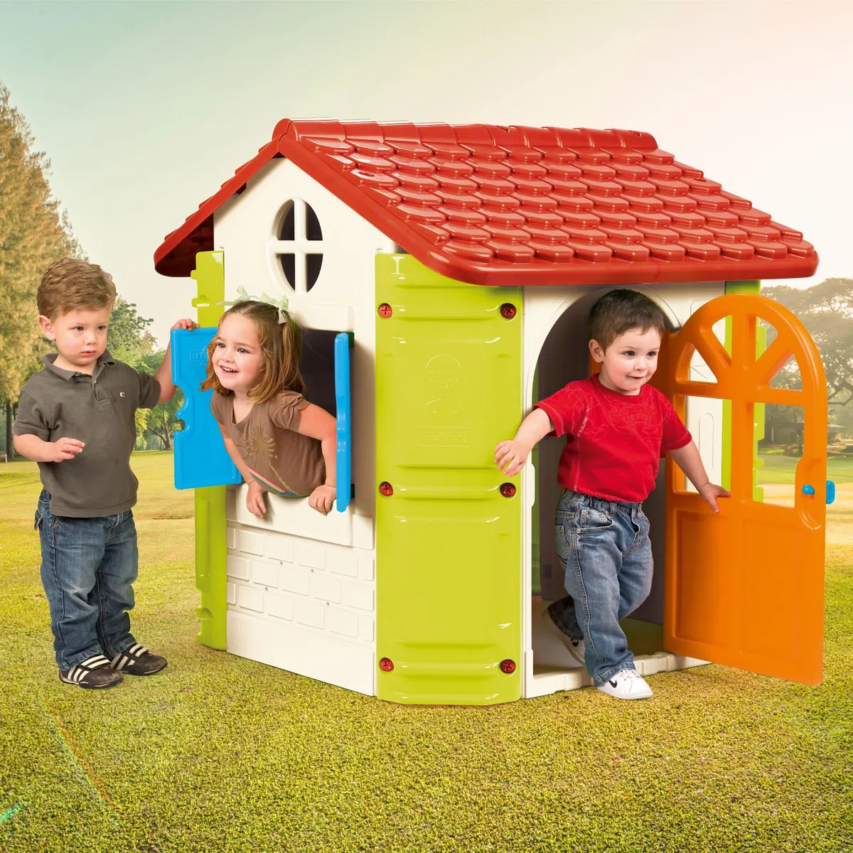 Feber Casetta da Giardino per Bambini Blu Rosso Arancio Verde Robusta Sicura Giochi all'Aperto 2-6 Anni