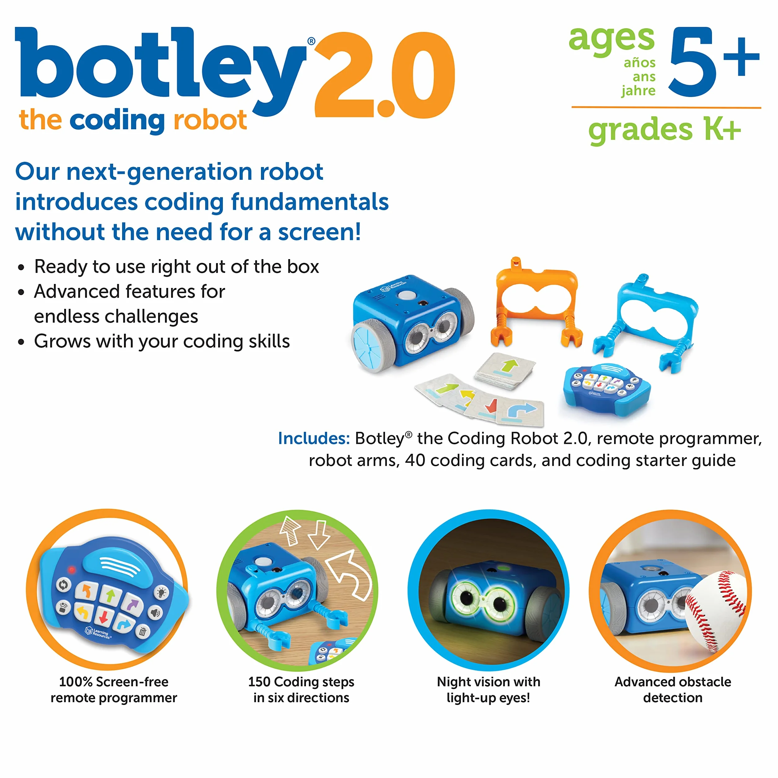 Learning Resources Robot Programmabile Botley 2.0, età 5+, Robot Educativo STEM Senza Schermo con Luci e Suoni