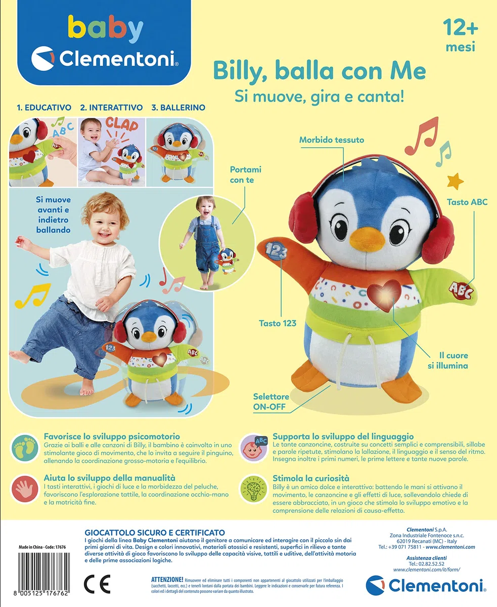 Clementoni Baby Billy Balla con Me Peluche Interattivo Parlante Canzoncine Filastrocche Bambini 12+ Mesi