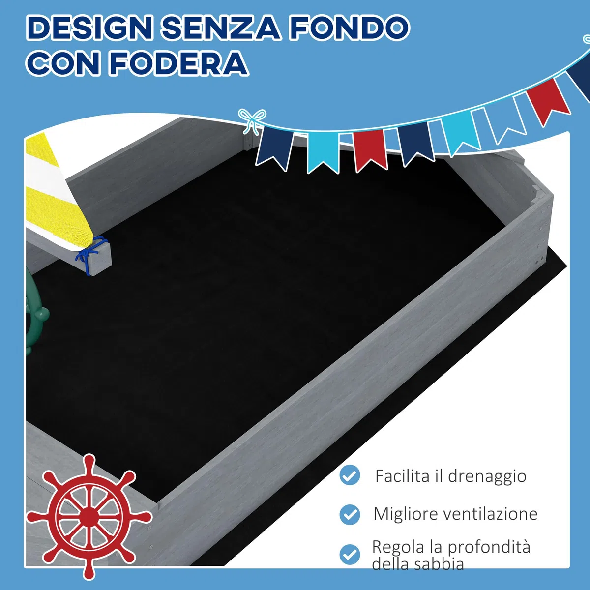 Outsunny Sabbiera per Bambini 3-8 Anni a forma di Barca senza Fondo, Sabbionaia in Legno di Abete e Poliestere, 190x90x138 cm, Multicolore