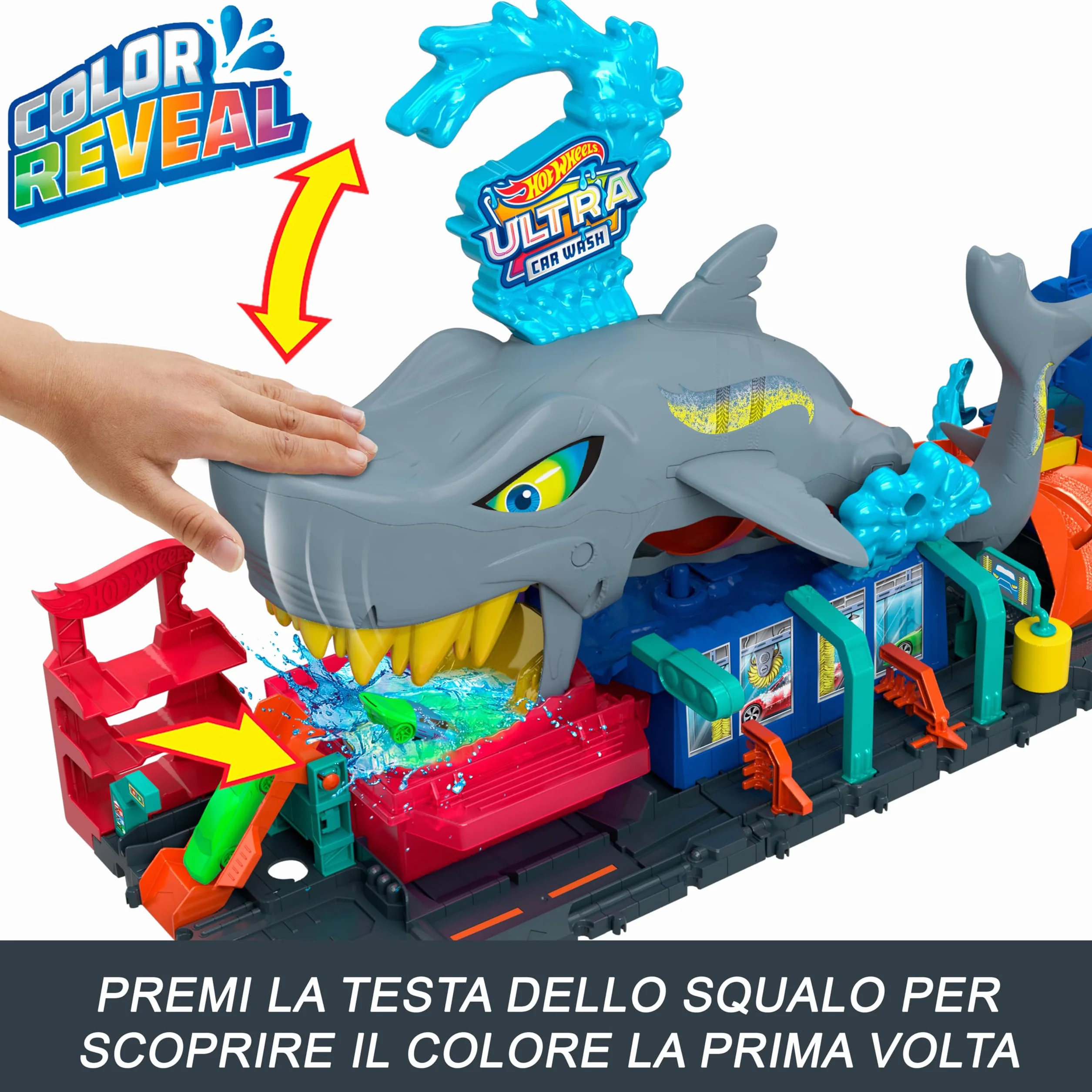 Hot Wheels 'Let's Race' Netflix - Mega Squalo Autolavaggio, pista con rullo di schiuma e cancelli mobili, funzione cambia colore e macchinina Color Reveal inclusa, 3+ anni, HTN82